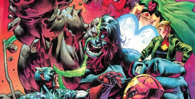 Comic book scene featuring various superheroes and a monster. A male hero in green with a star emblem sits with crossed legs, a woman with long dark hair laughs, a small alien escapes from a cage, and a large monster appears behind them with glowing eyes and a menacing expression.