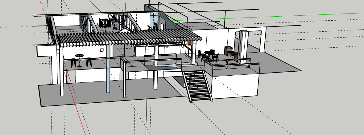A 3D architectural rendering of a multi-story modern building exterior showing interior rooms, staircases, and outdoor decks.