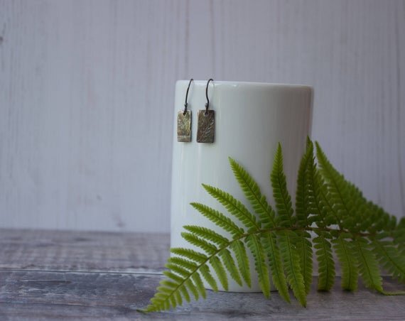silver rectangle fern pattern earrings