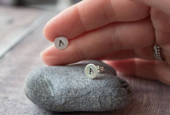 small letter stamped stud earrings