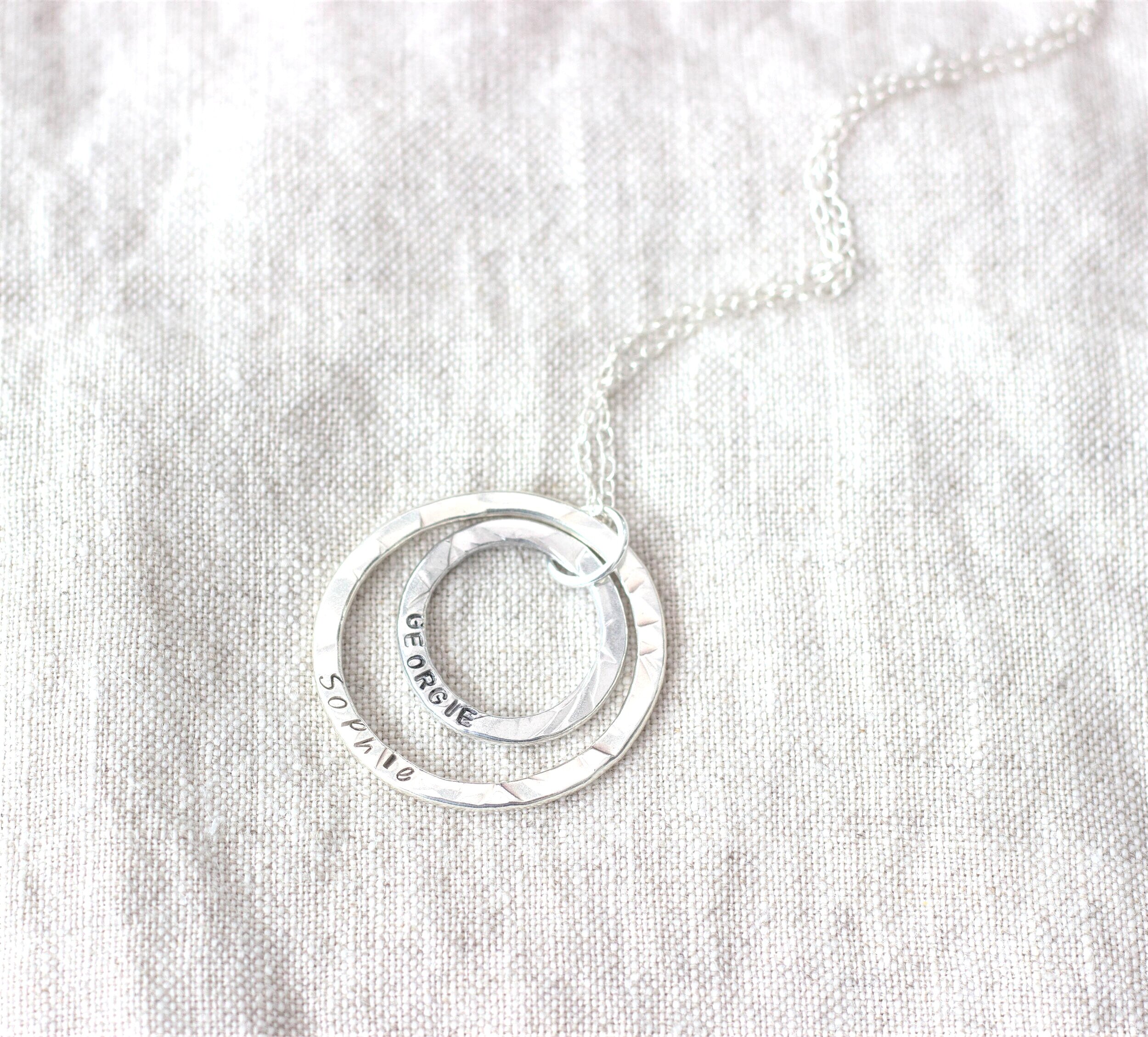 personalised++Sterling+silver+hammered+circle+pendants+large+and+small+the+little+red+hen+jewellery.jpg