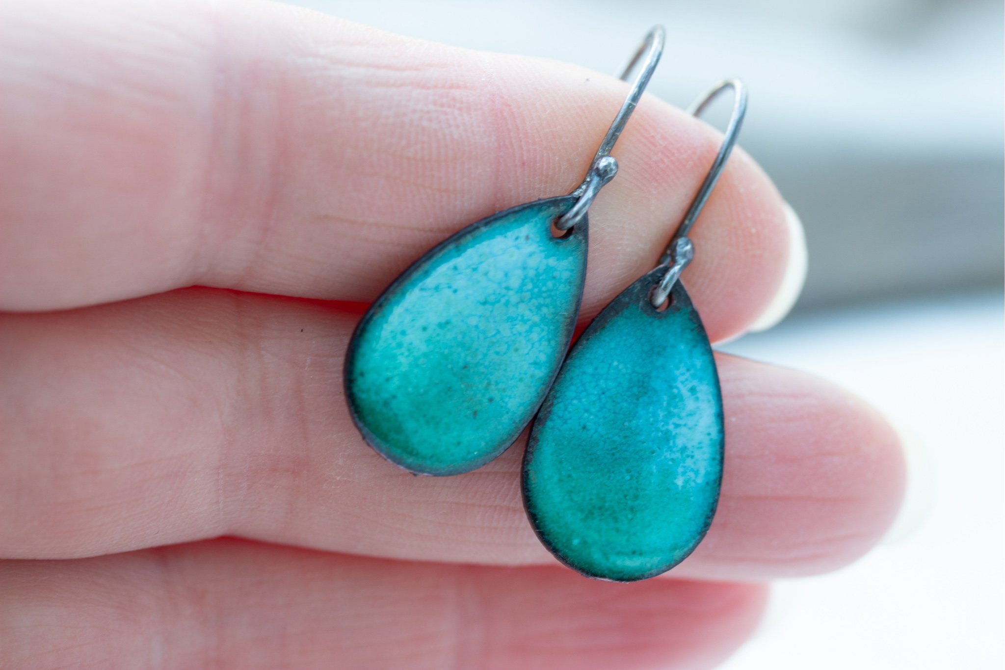 turquoise blue enamelled drop earrings with silver wire hooks