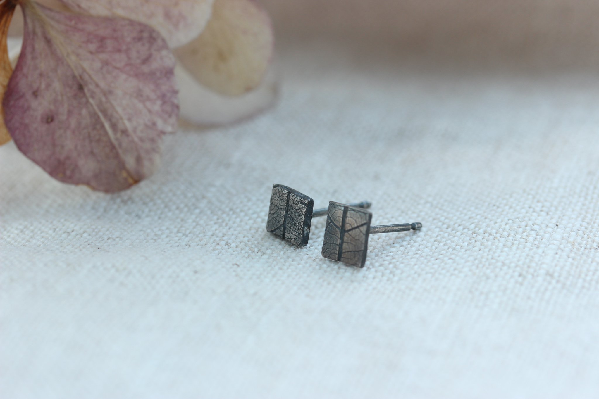 oxidised silver leaf pattern stud handmade earrings