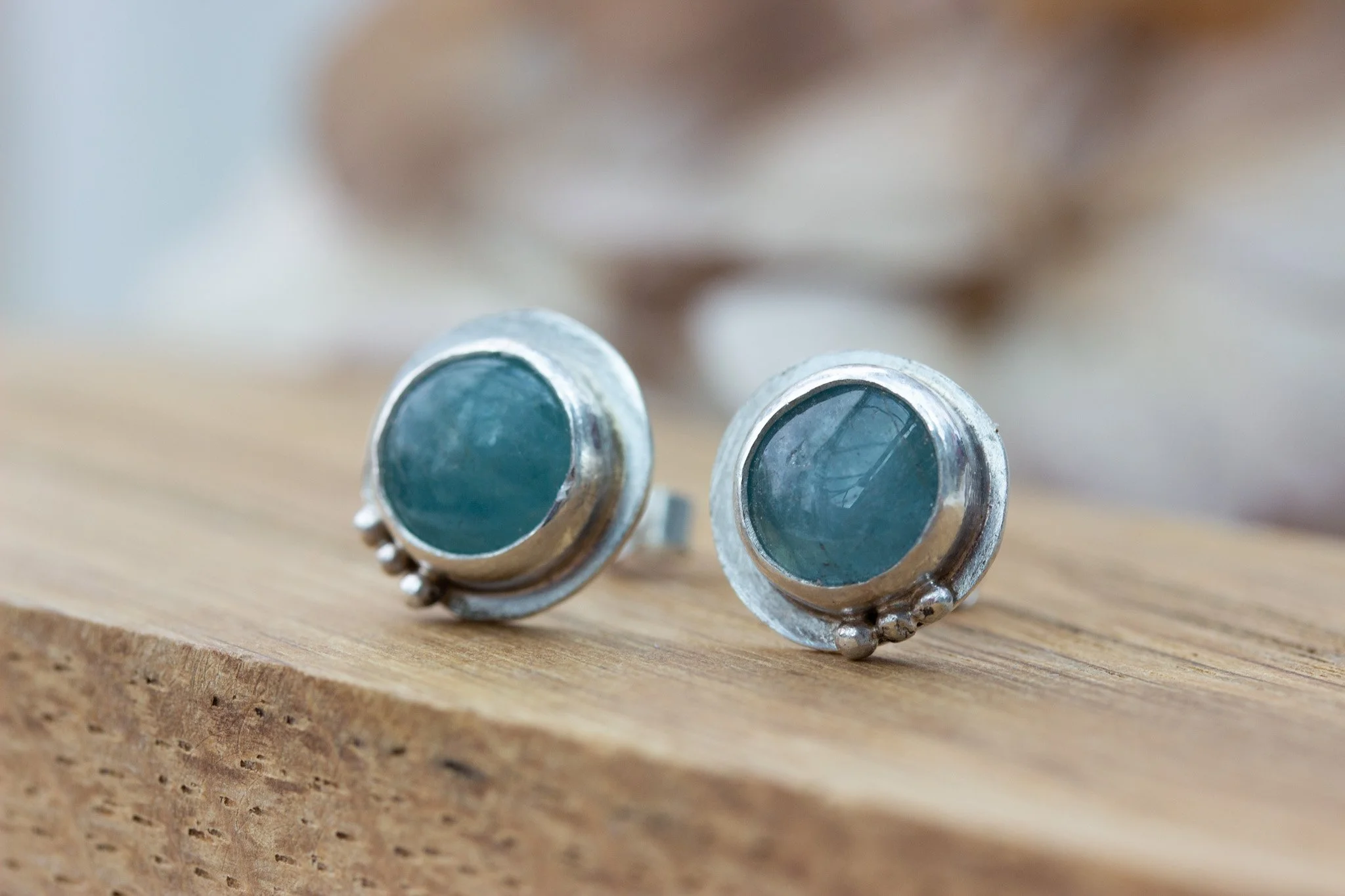 oxidised silver set aquamarine stud earrings