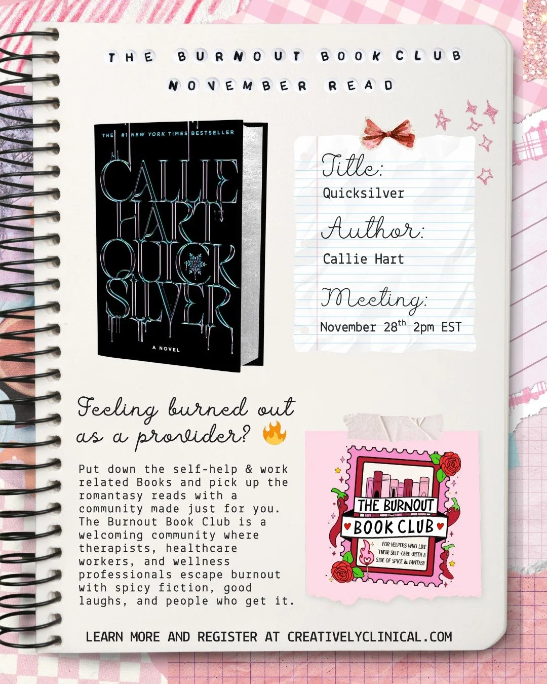 📚✨ Burnout Book Club update! ✨📚

The votes are in and our next read is Quicksilver by @calliehartauthor 

✨ And exciting news,  we also voted for Brimstone (the follow-up to Quicksilver) to be our December read!

Brimstone releases on November 18th