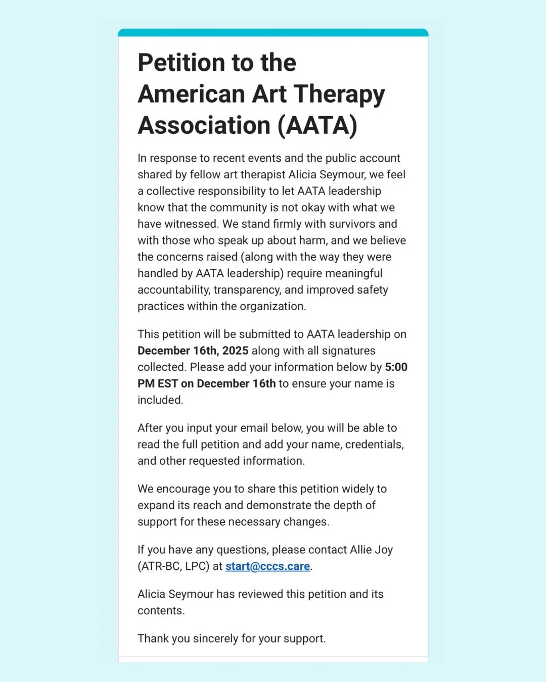 I&rsquo;m heartbroken and honestly embarrassed by how AATA responded when @artfulgrieving bravely and vulnerably reported SA and harassment by a fellow volunteer at the 2025 AATA conference.

As a community grounded in ethics, empathy, and trauma inf