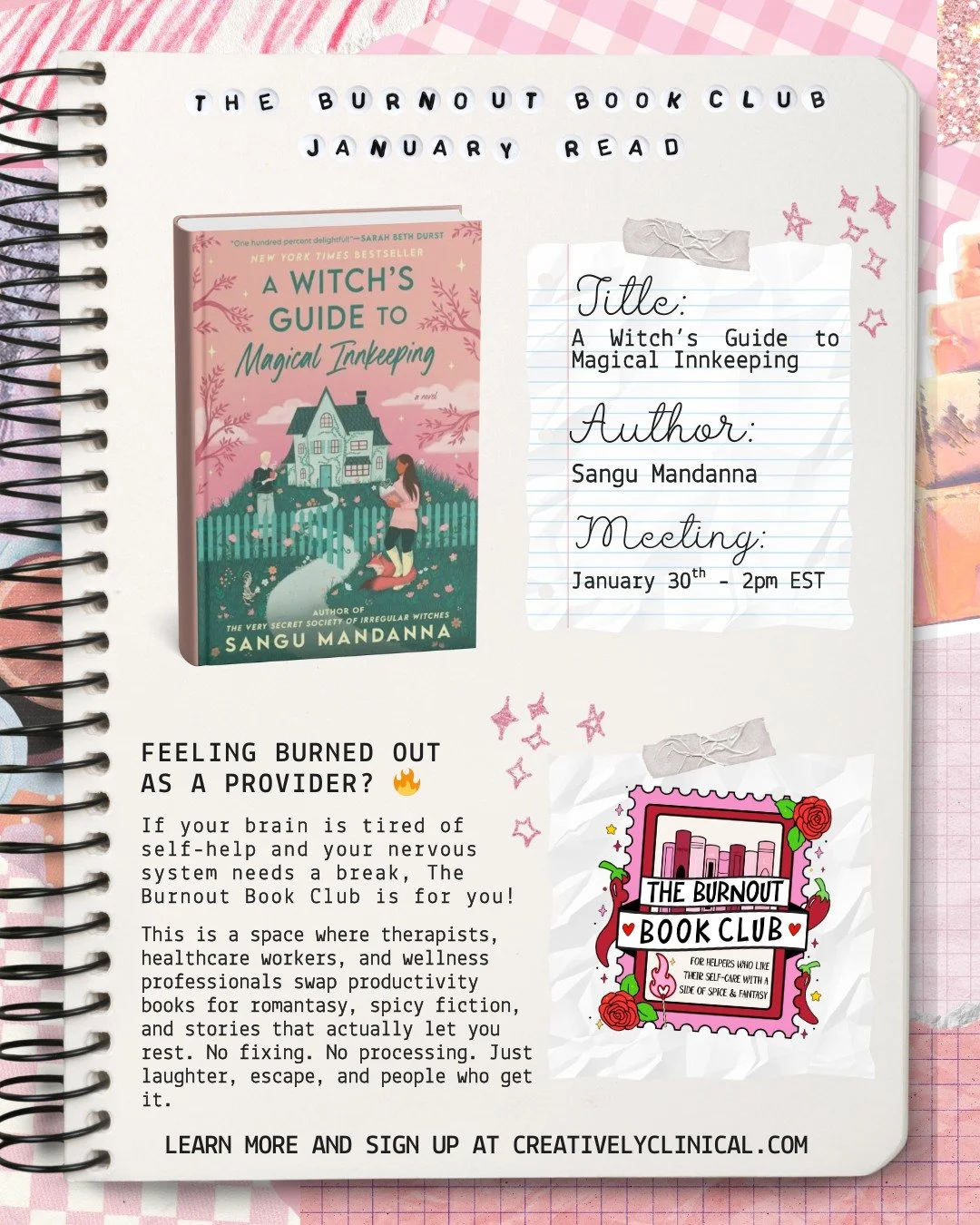 Burned out? Same 😌✨

So for January&rsquo;s Burnout Book Club, we&rsquo;re skipping the self-help spiral and choosing something actually restorative:
A Witch&rsquo;s Guide to Magical Innkeeping 🕯️🏡

Think cozy magic, found family, warm hearth vibe