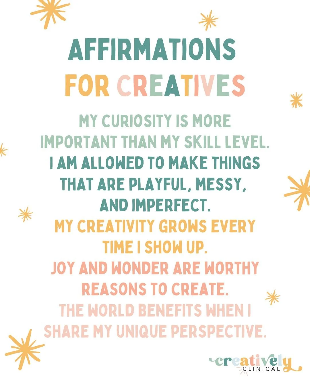 Which affirmation feels most helpful for you right now?

Creativity thrives in environments that feel safe, curious, and compassionate.

When your inner dialogue shifts from criticism to encouragement, your brain becomes more willing to experiment an