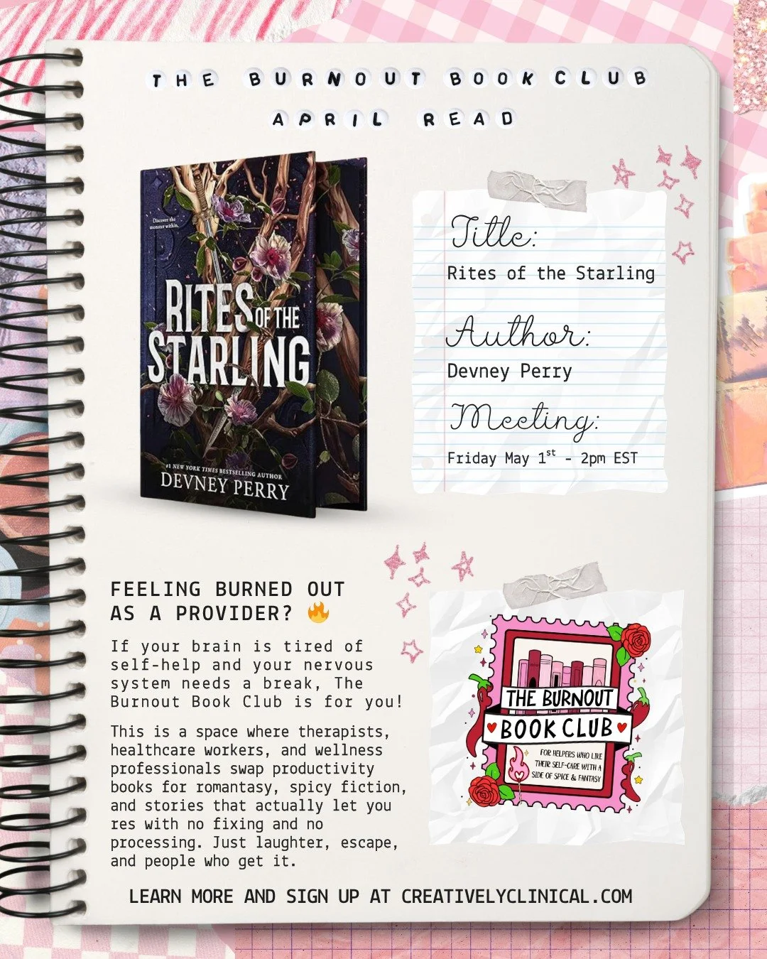 I am so excited for our April read in The Burnout Book Club (even though we're technically meeting in May 😅)! We're reading Rites of the Starling by @devneyperry which feels so special because Shield of Sparrows was the Burnout Book Club's very firs