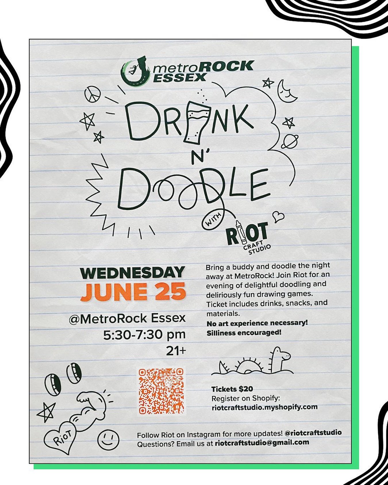 Save the date: A night of creativity and good vibes!
We’re teaming up with @riotcraftstudio to offer a Dink N’ Doodle night here at MetroRock!
This event offers doodling, drinks, snacks, and materials for a fun evening. Tickets include