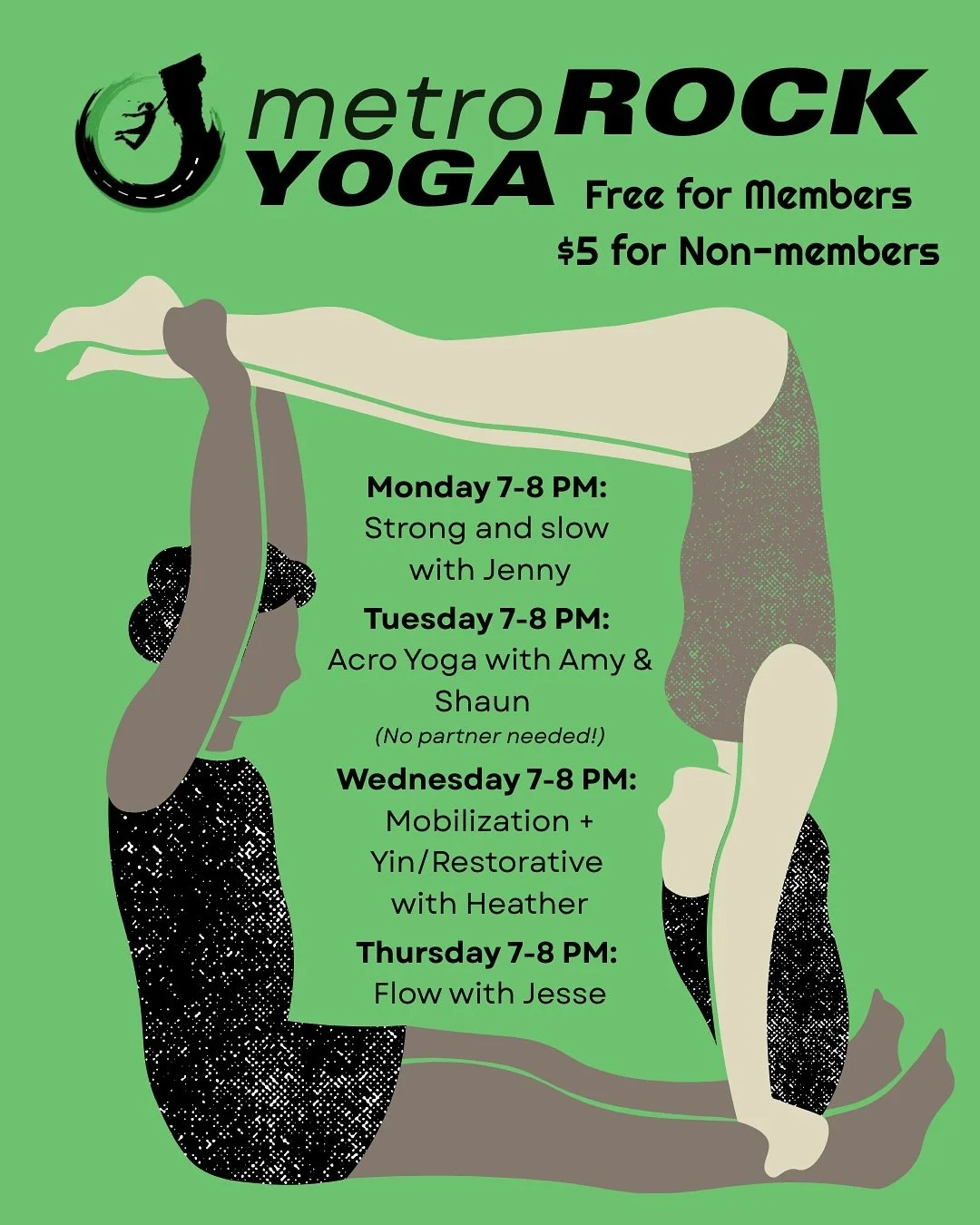 Updated Yoga Hours! Yoga is FREE for members and only 5$ for Non-Members! Thats pretty rockin!
Featuring an awesome cartoon created by Hannah Feuer and Kristen Shull from Seven Days on our AcroYoga Classes!
Monday 7-8 PM: Strong and slow
with Jen