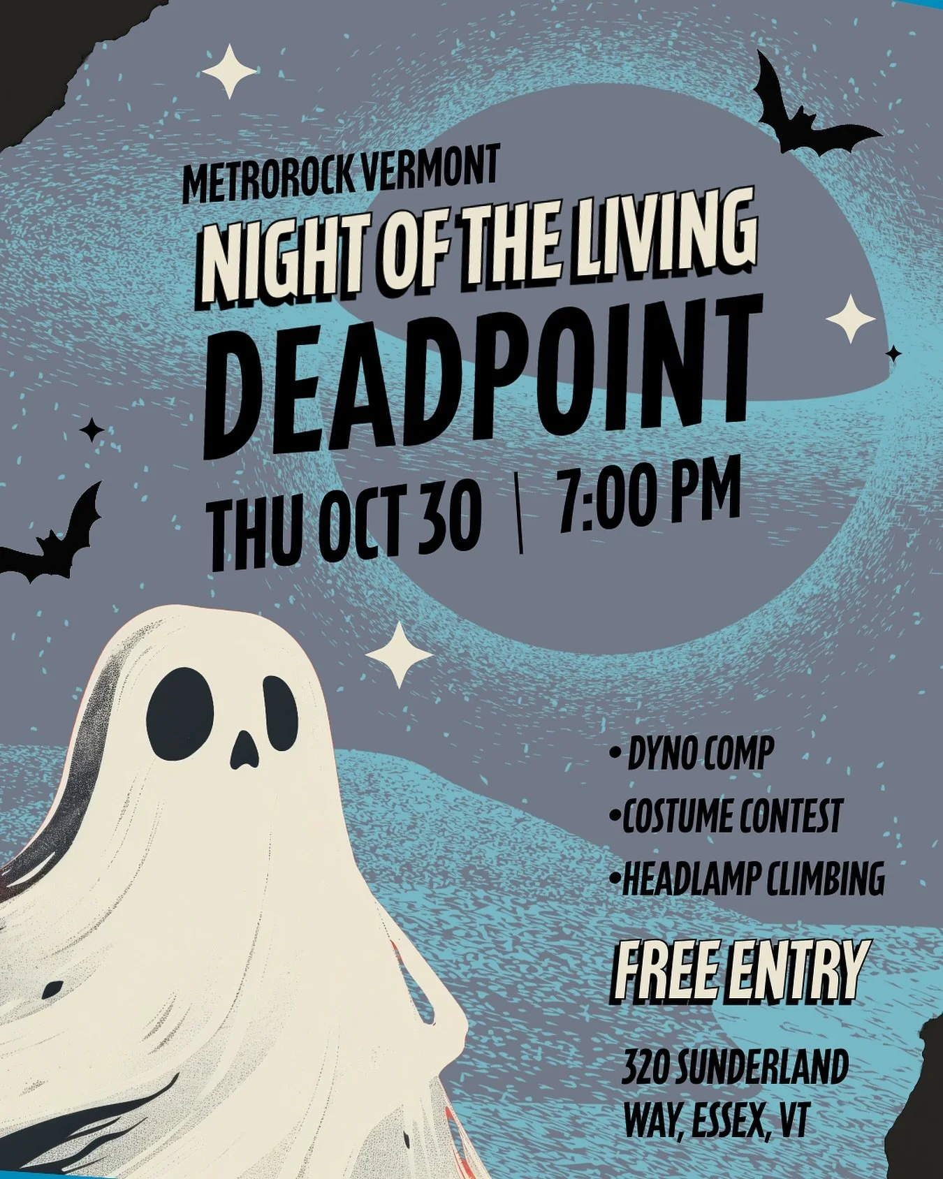 Happy Halloween! We will be hosting a Halloween Eve Extravaganza with a costume contest (highly encouraged), dyno comp, and lights out headlamp climbing!! 7:00-10:00 PM, Thursday October 30th. Come have a blast at Night Of The Living Deadpoint!