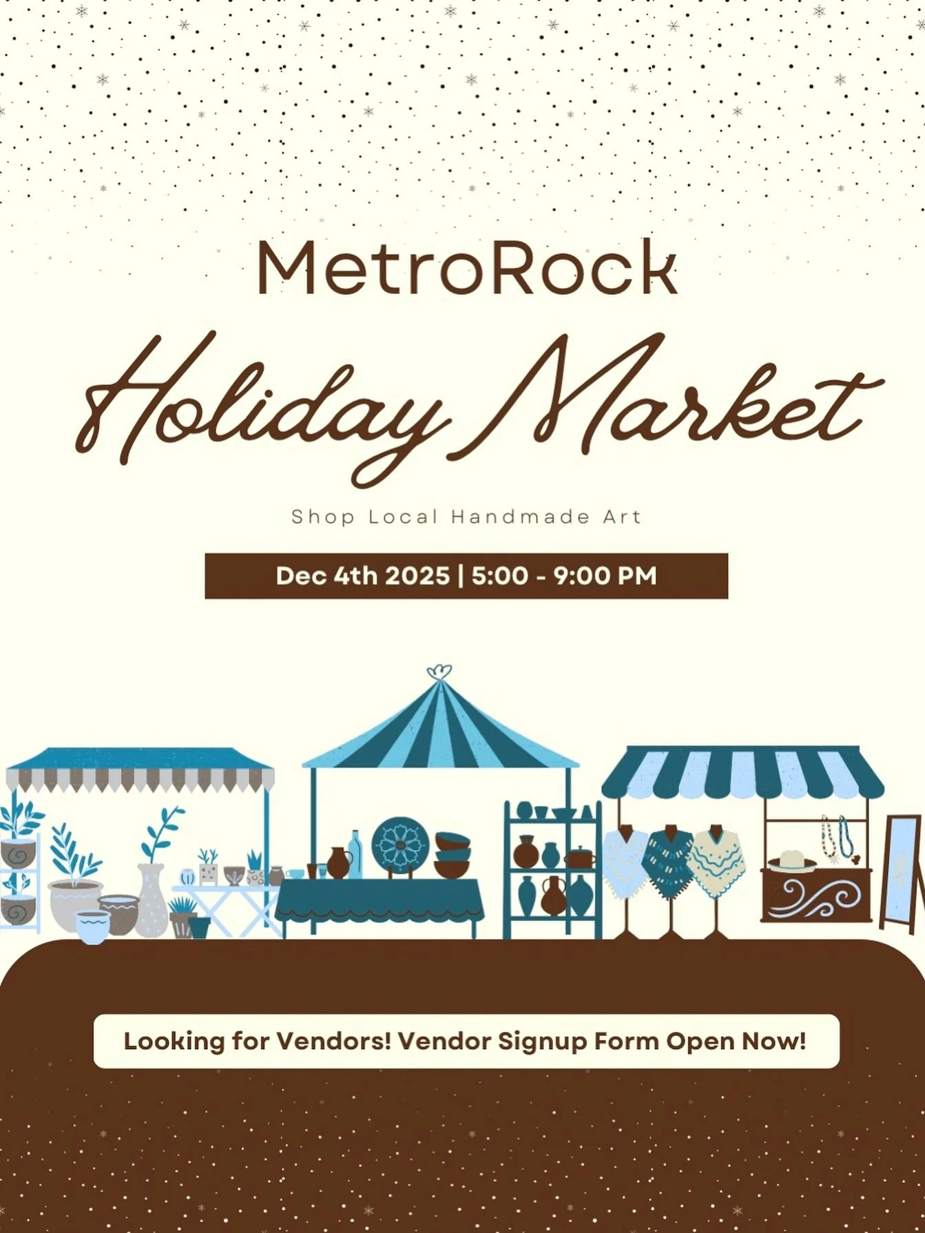 The MetroRock Holiday Art Market is coming up on December 4th! We are so excited to open up the space to local artists and are looking for vendors! The vendor application is linked in our linktree!