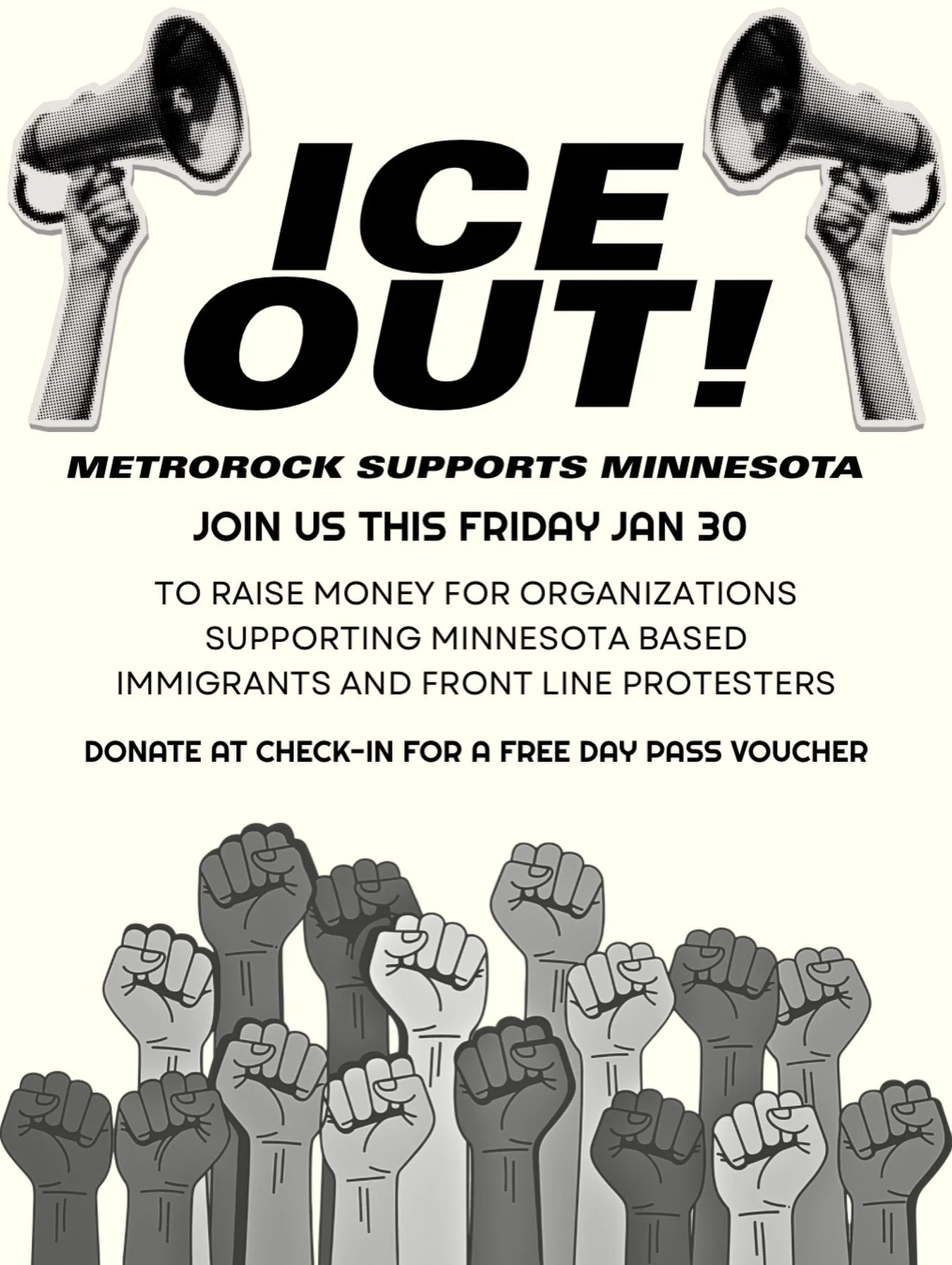 Minnesota has called for a general strike this Friday, January 30th to protest the ICE raids in the state. We will provide free day passes to those who choose to donate on Friday Jan 30th. Donations will go to the Minnesota Immigrant Rapid Response F