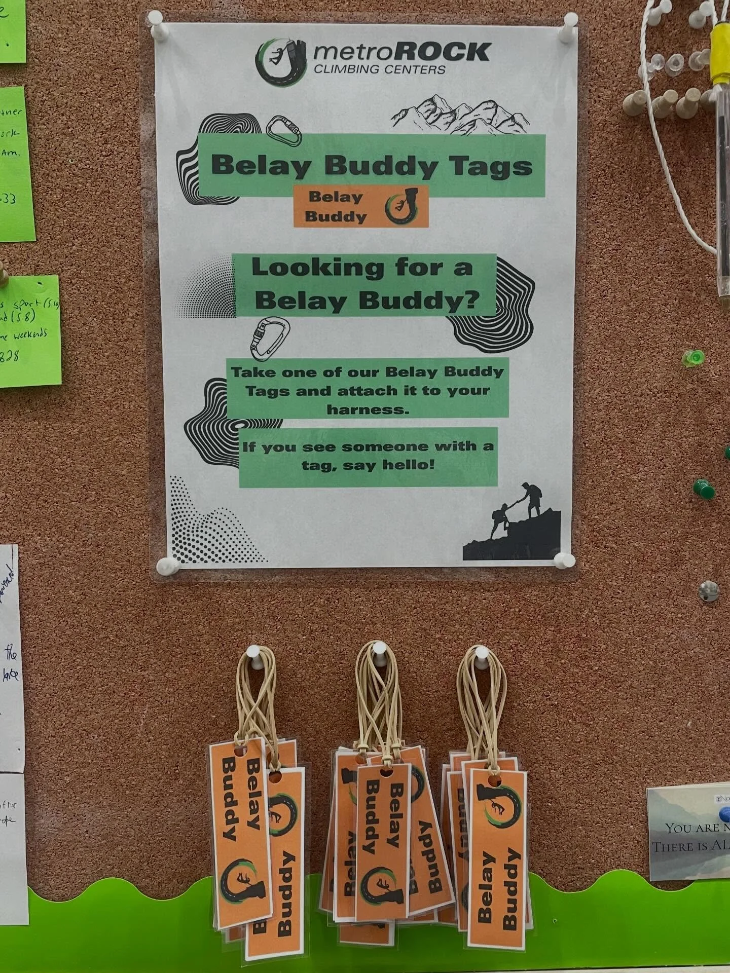 Introducing: Belay Buddy Tags!
If you&rsquo;re looking for a belay buddy, attach one of these tags (available at the community board) to your harness to let others know you&rsquo;re looking for a belay buddy! If you see someone wearing one, go up and