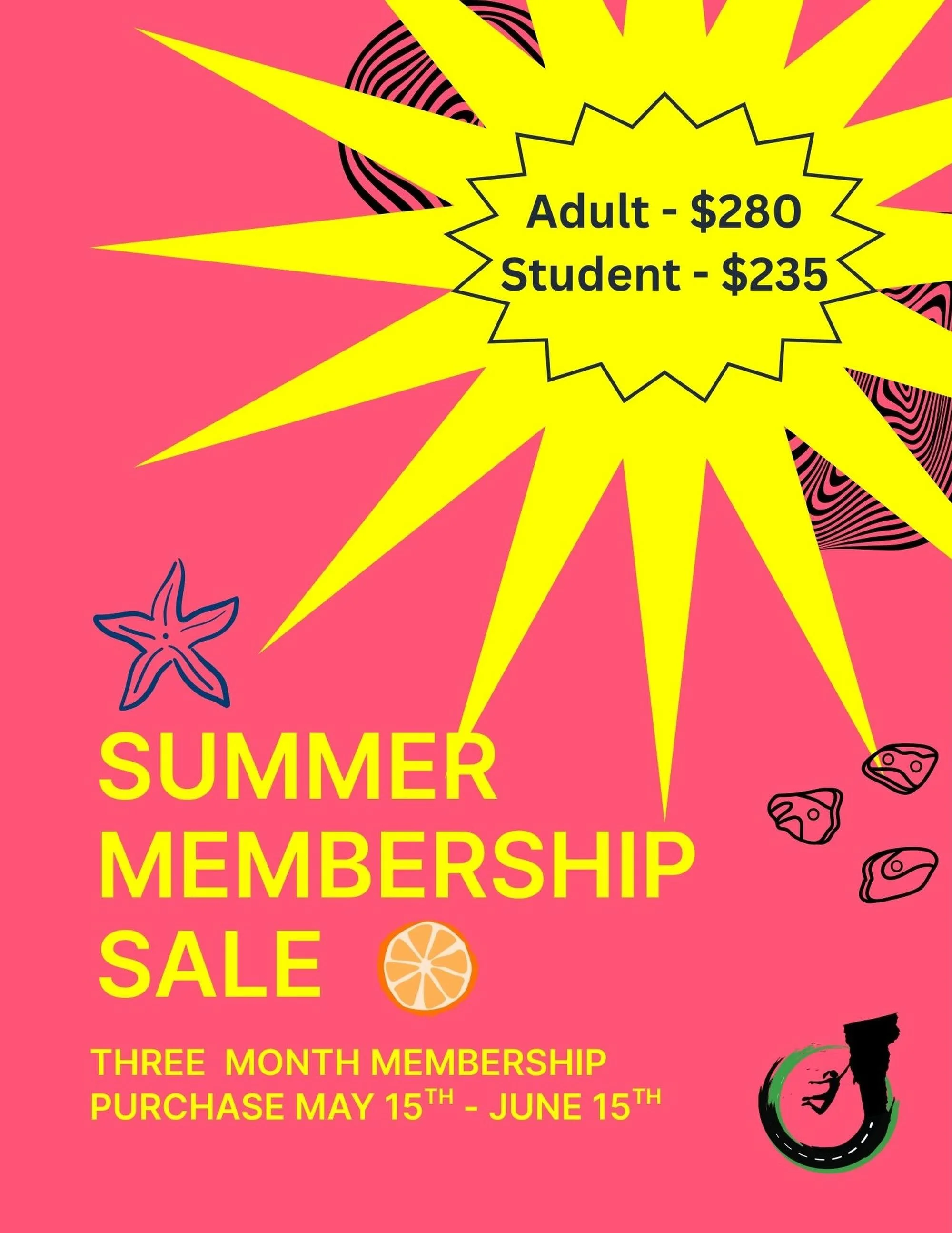 🌻☀️Summertime is right around the corner!☀️🌻
We are having our annual summer membership sale! From May 15th until June 15th, you can purchase a 3-month membership at a discounted rate of $280 for adults or $235 for students!
Come visit us in person