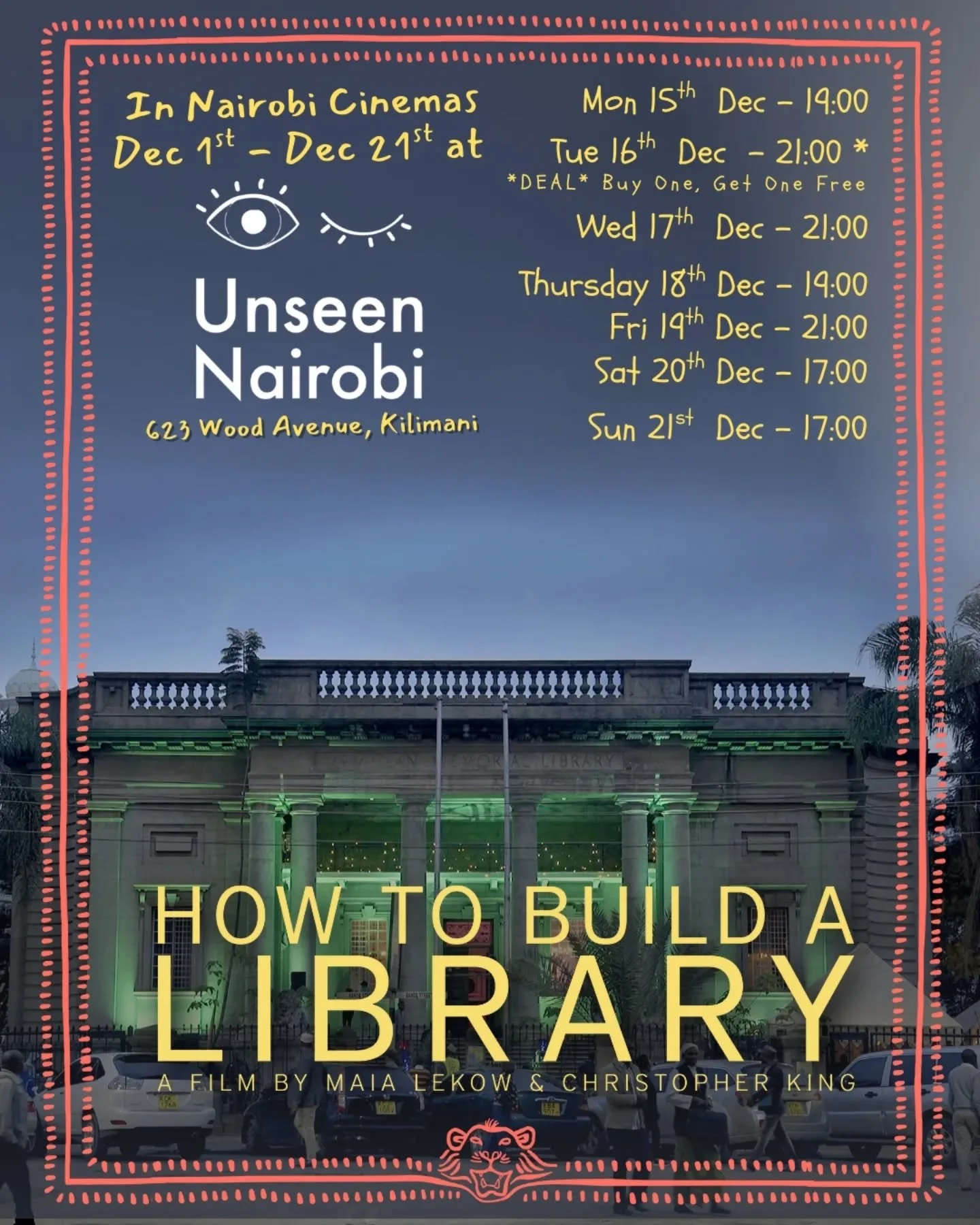 This is it. The final screenings.

How To Build A Library is showing one last time at @unseen.nairobi from 15&ndash;21 December.

🗓 Final week schedule:
🍿 Mon 15 Dec &ndash; 19:00
🍿 Tue 16 Dec &ndash; 21:00 (Buy One, Get One Free)
🍿 Wed 17 Dec &n