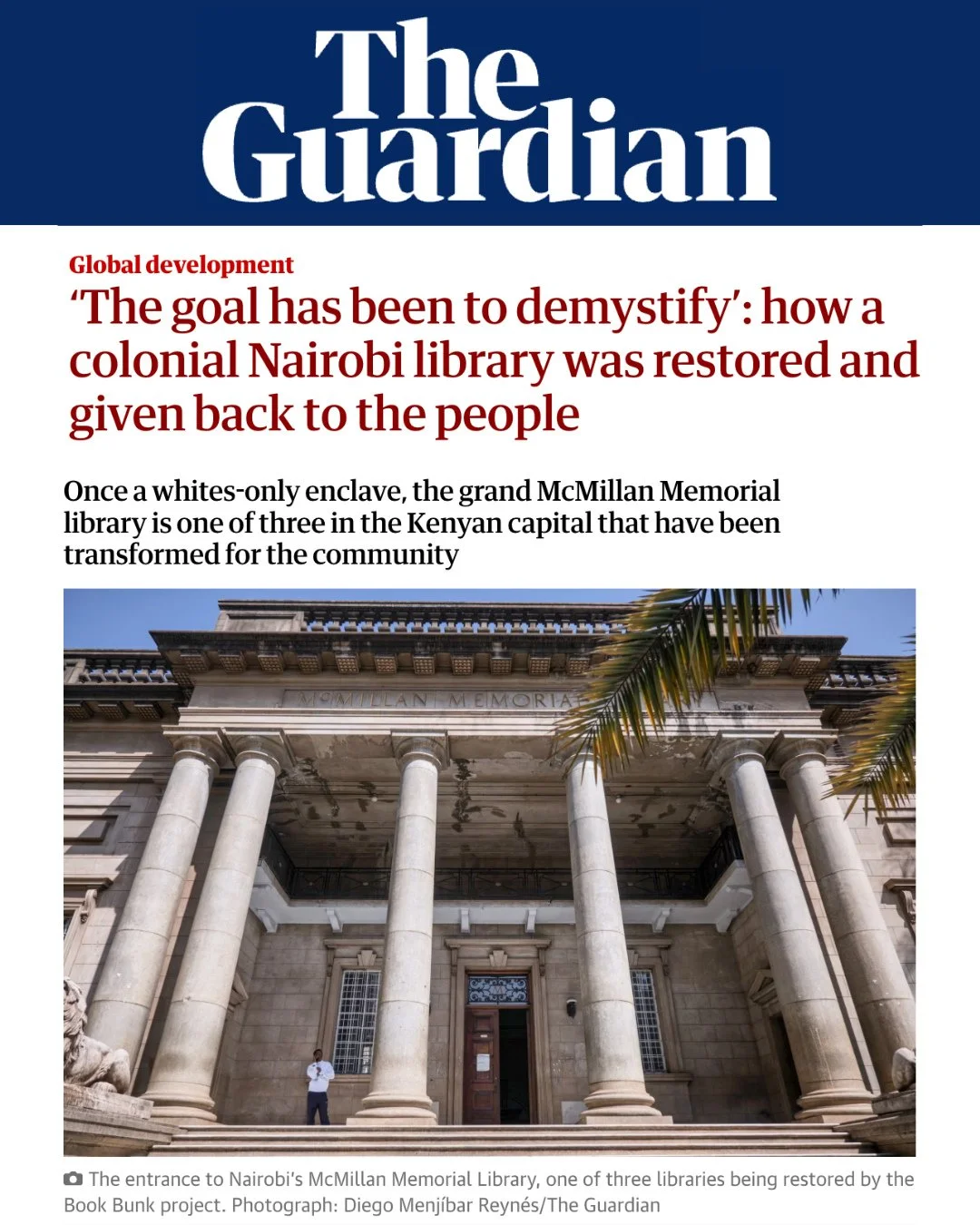 An incredible spotlight by the @guardian about @thebookbunk's revolutionary acts of restoring Nairobi's forgotten libraries.⁠
⁠
Link to the full article in bio.⁠
⁠
#HowToBuildALibrary