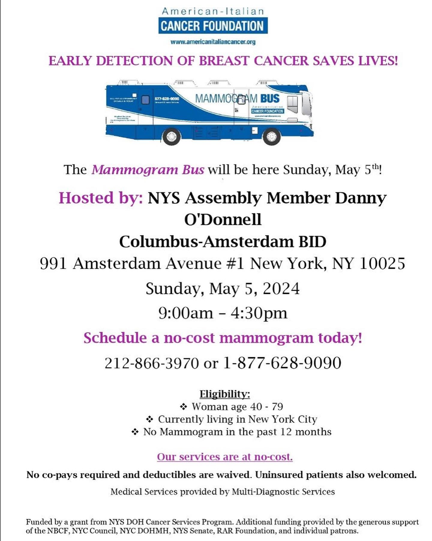 We are excited to be partnering with @danny.odonnell_ and @americanitaliancancerfound for a FREE Breast Cancer Screening event at Open Streets on May 5! The mammogram bus will be at 991 Amsterdam Ave from 9 AM- 4:30 PM, and you can schedule your appo