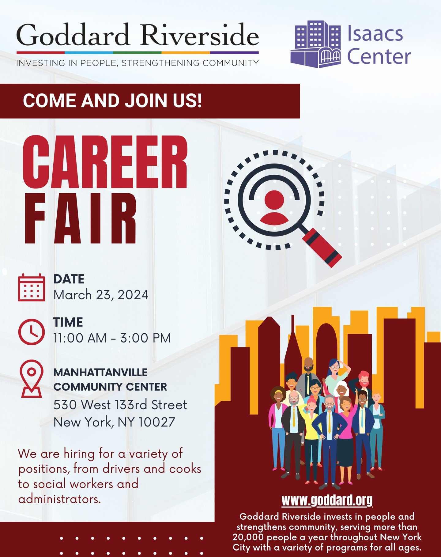 @goddardriverside is a local community center that provides a wide range of services to the Upper West Side. This Saturday, they are partnering with UES-based @isaacscenternyc to host a career fair for a wide variety of positions. If you or a loved o