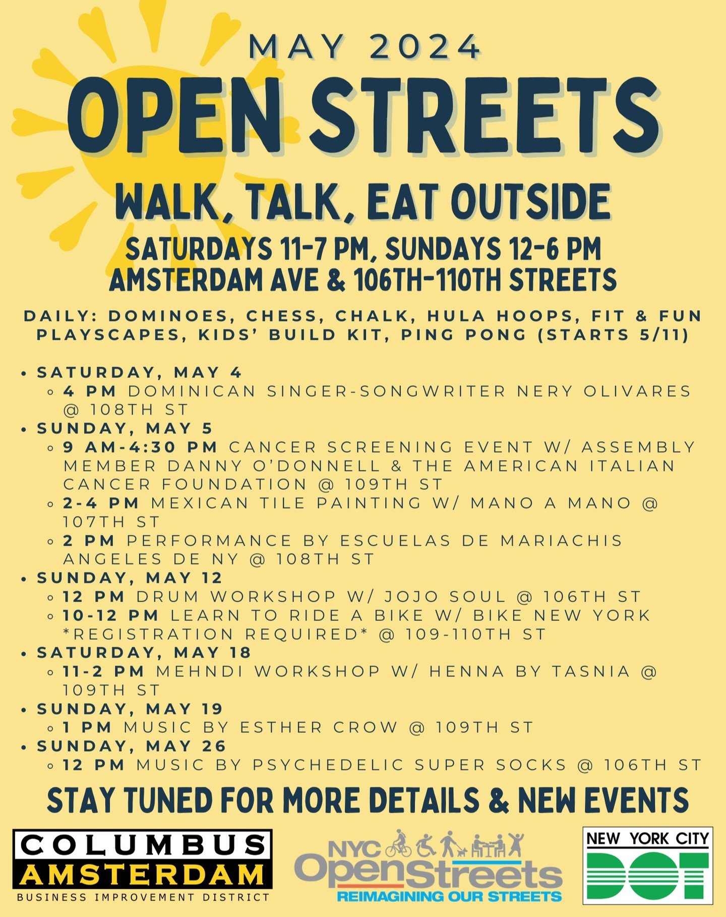 Thank you all for a great first two weeks of Open Streets, it has been great to see everyone taking advantage of the programming we have put together. The next month is full of more musical performances, classes, games, and other activities that we h