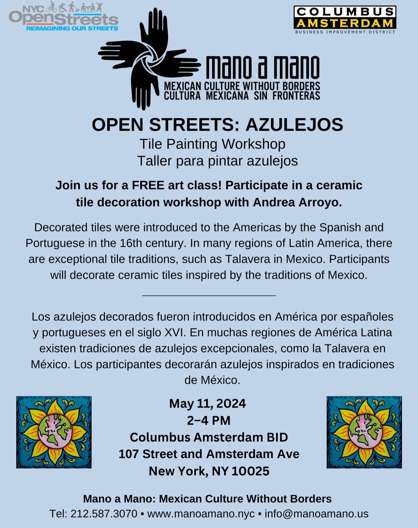 Our longtime neighborhood partner, Mano a Mano, is hosting a Mexican tile painting workshop this Saturday from 2-4 PM at 107th St and Amsterdam! We hope you will stop by to learn more about this rich artistic tradition and try your hand at decorating