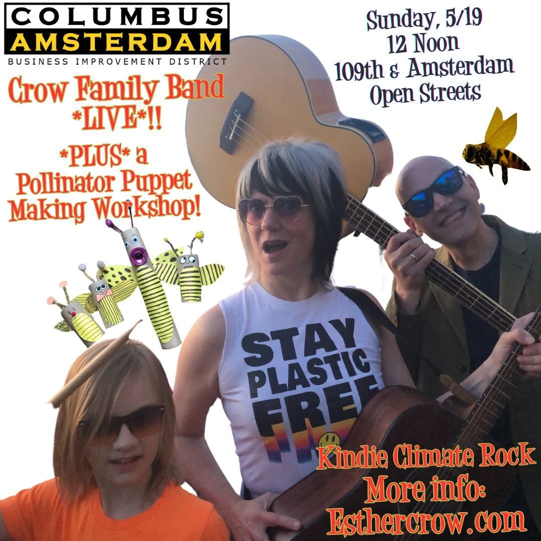 Esther Crow and her eco-friendly family band return to Open Streets this Sunday at noon! After their performance, she will be hosting a Pollinator Puppet Workshop, where you'll be able to learn about the animals that help our environment thrive and c