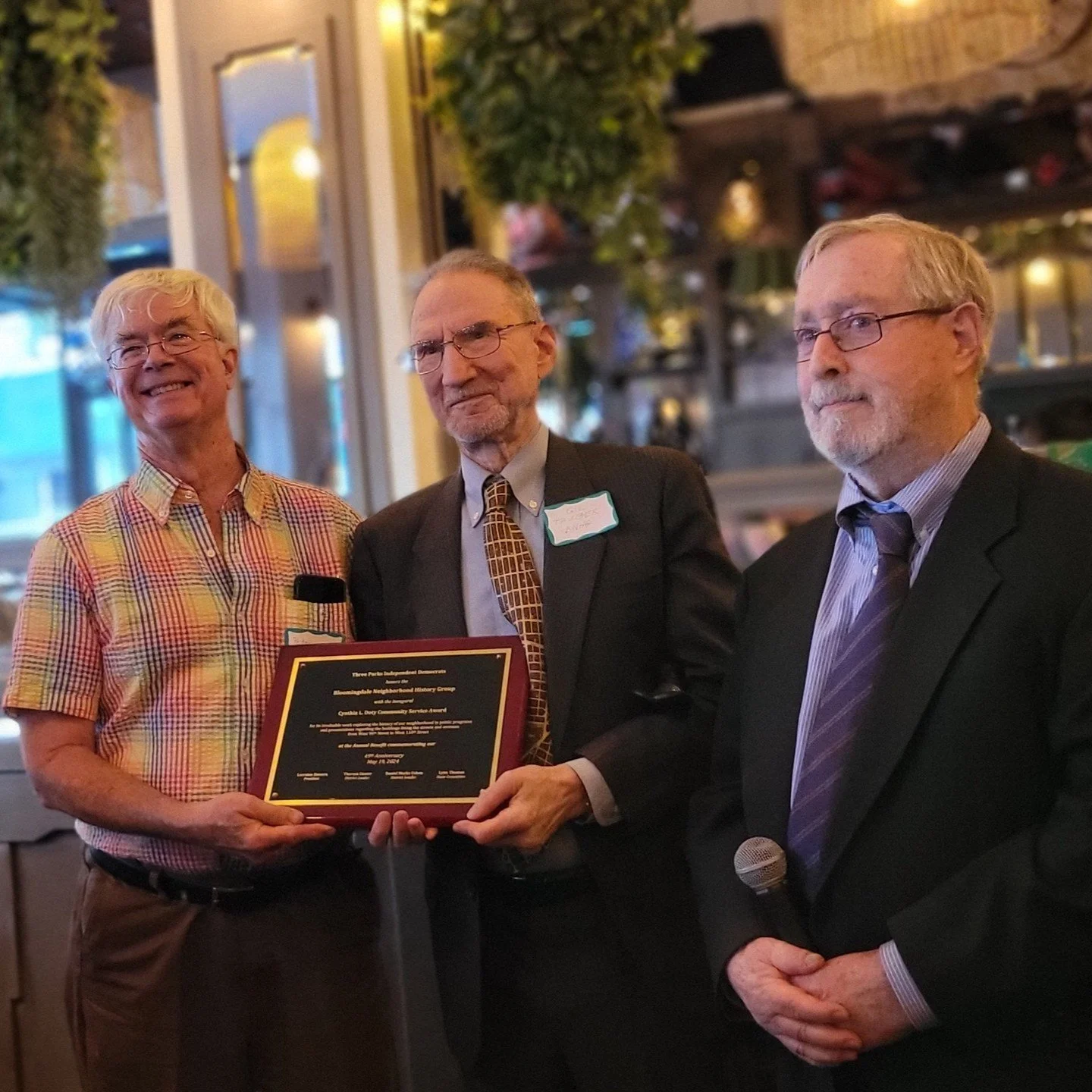 This Sunday, May 19, the Bloomingdale Neighborhood History Group was presented with the Cynthia Doty Public Service Award by the Three Parks Independent Democrats. After nearly 50 years serving the Bloomingdale neighborhood, BNHG was recognized for &