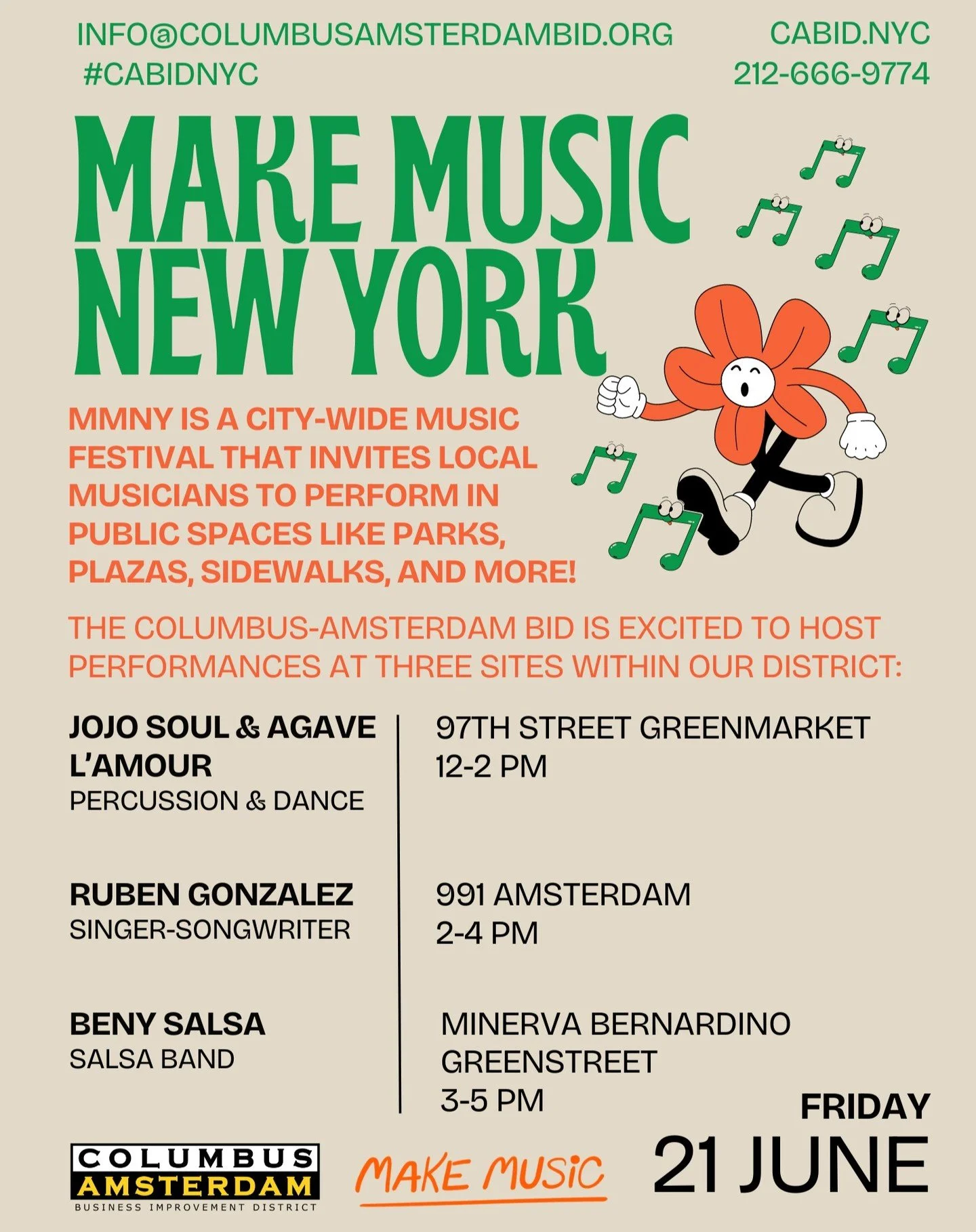The BID is hosting three Make Music NY sites on June 21-- at the Minerva Bernardino Greenstreet, in front of our office at 991 Amsterdam, and at the 97th street Greenmarket! We hope that you'll come by and enjoy these free, public performances. If yo
