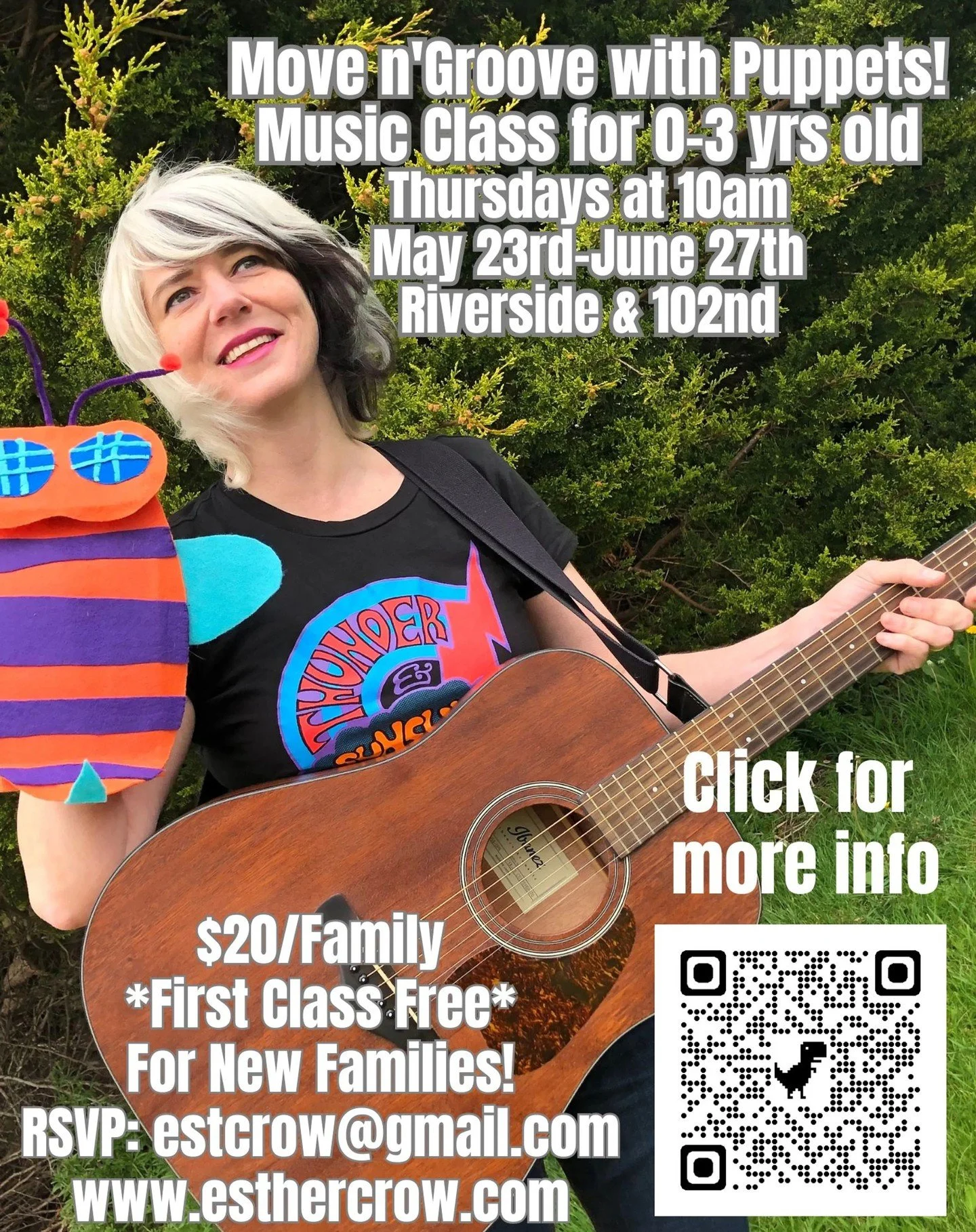 Looking for ways to spend time outside with family? Esther Crow is one of our lovely local musicians who has been creating kid-friendly programming through music and puppetry on Open Streets, but she also hosts weekly Move 'n Groove workshops in Rive