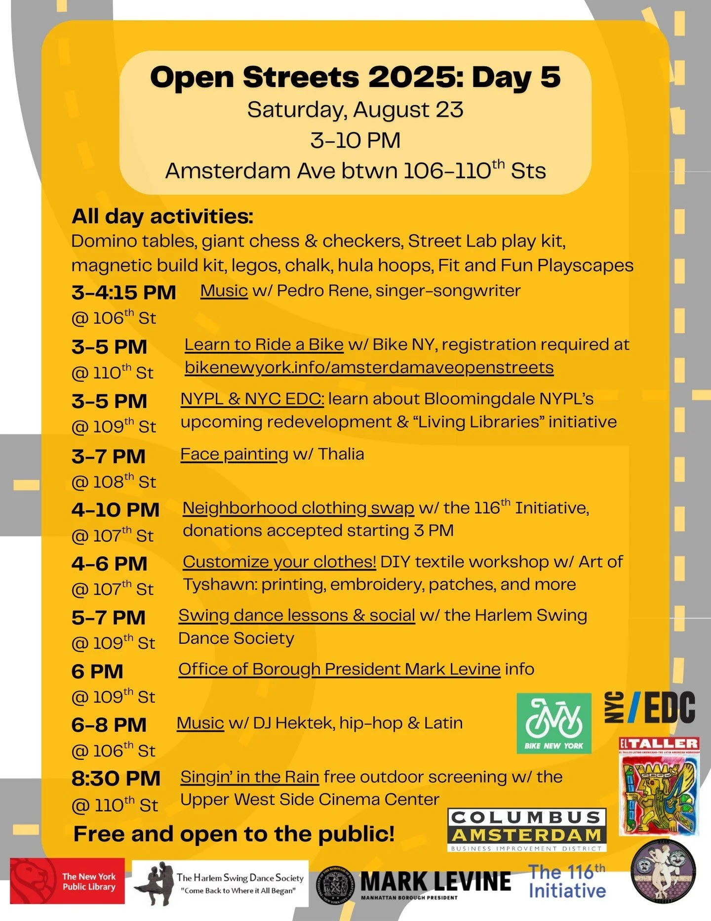 Open Streets is back NEXT SATURDAY, August 23 and we'll be kicking off the rest of the OS season with a free screening of Singin' in the Rain with the UWSCC! Come early for music, swing dance lessons, a clothing DIY workshop, and more.
-
-
-
#upperwe
