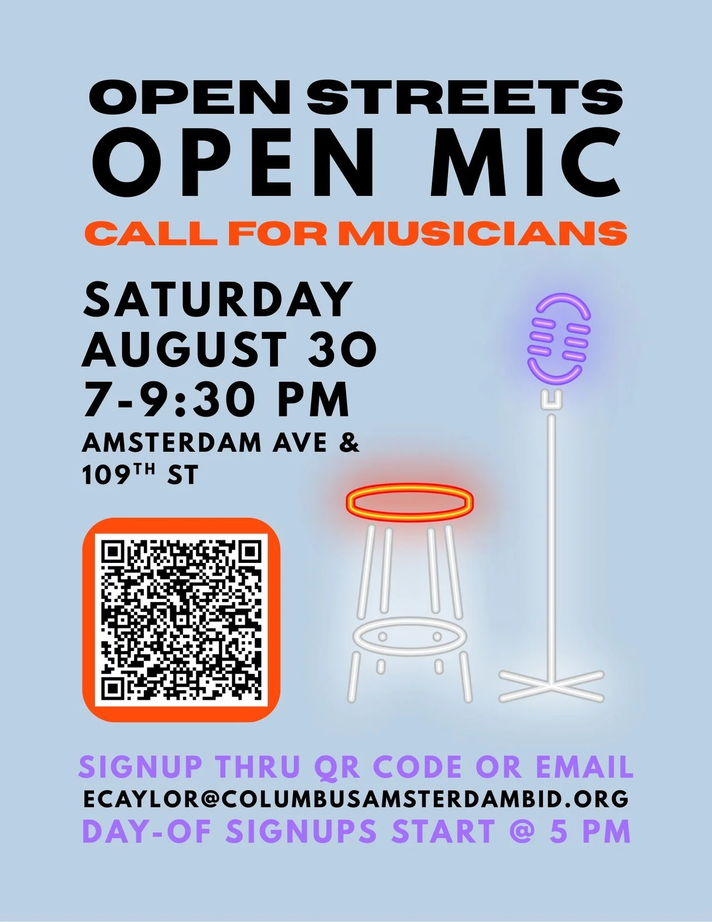 Calling all UWS/Harlem performers! The BID is hosting an open mic event on Saturday, August 30 from 7-9:30 PM on Open Streets. All experience levels are welcome to participate, and we will continue to host open mic events throughout the summer. Click