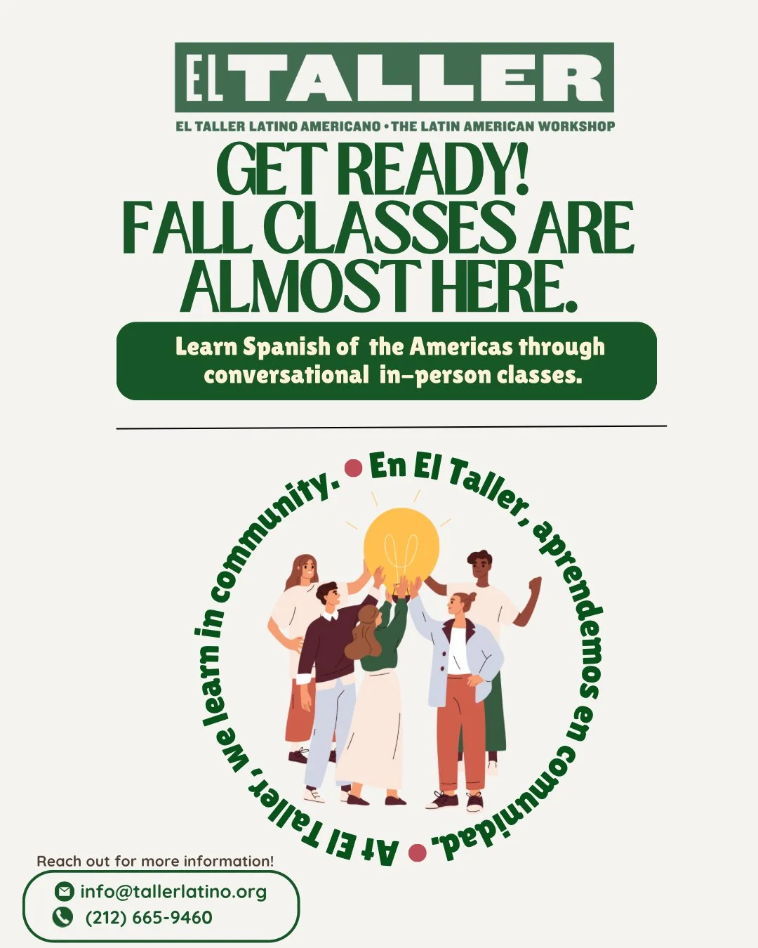 Fall&rsquo;s almost here&mdash;so is your chance to learn Spanish of the Americas in community at @tallerlatino! 🍂📚 Join their conversational in-person classes and connect through language and culture.

📧 info@tallerlatino.org
📞 (212) 665-9460
-
