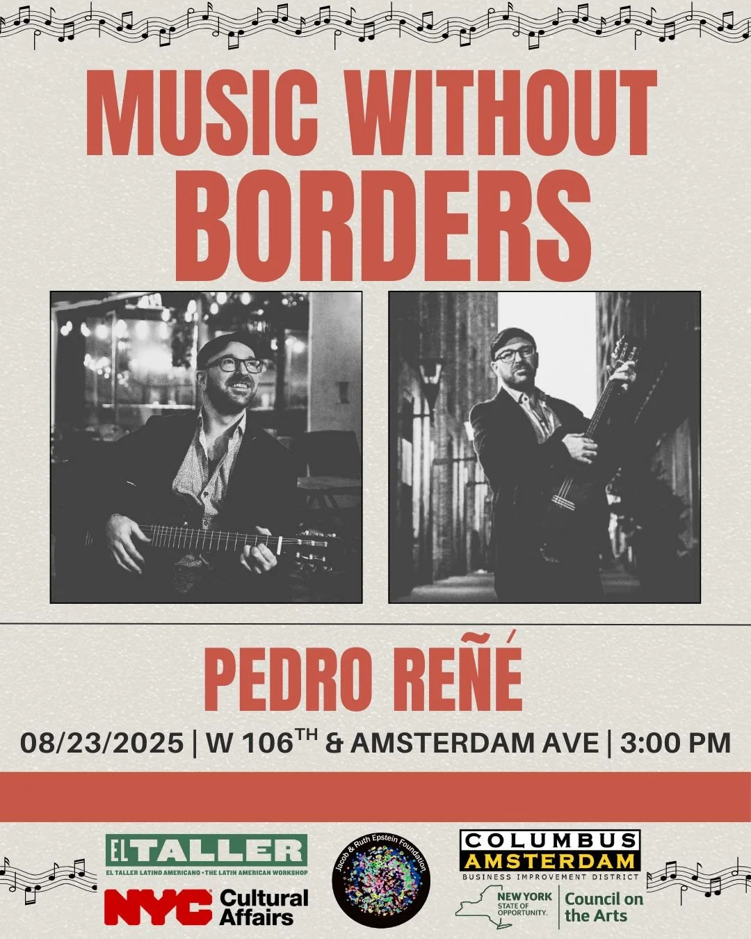 Come enjoy Music Without Borders with Pedro Re&ntilde;&eacute; 🎶
An open-air concert filled with great music, good vibes, and community. Free and open to everyone☀️ @tallerlatino
@pedroregne

📅 08/23/2025
🕒 3:00 PM
📍 W 106th &amp; Amsterdam Ave
?