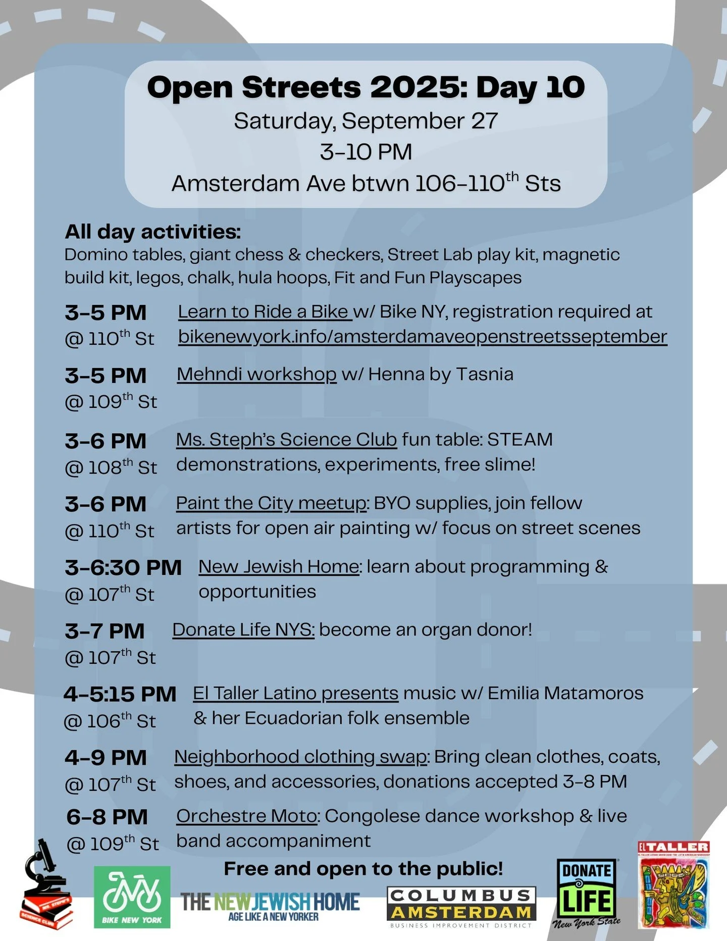 TOMORROW: Saturday, September 27, join us on Amsterdam Ave between 106th and 110th Sts from 3-10 PM for Open Streets! See you there!
-
-
-
#upperwestside&nbsp;#uws&nbsp;#openstreetsnyc&nbsp;#openstreets&nbsp;#nyc&nbsp;#cabidnyc&nbsp;#columbusamsterda