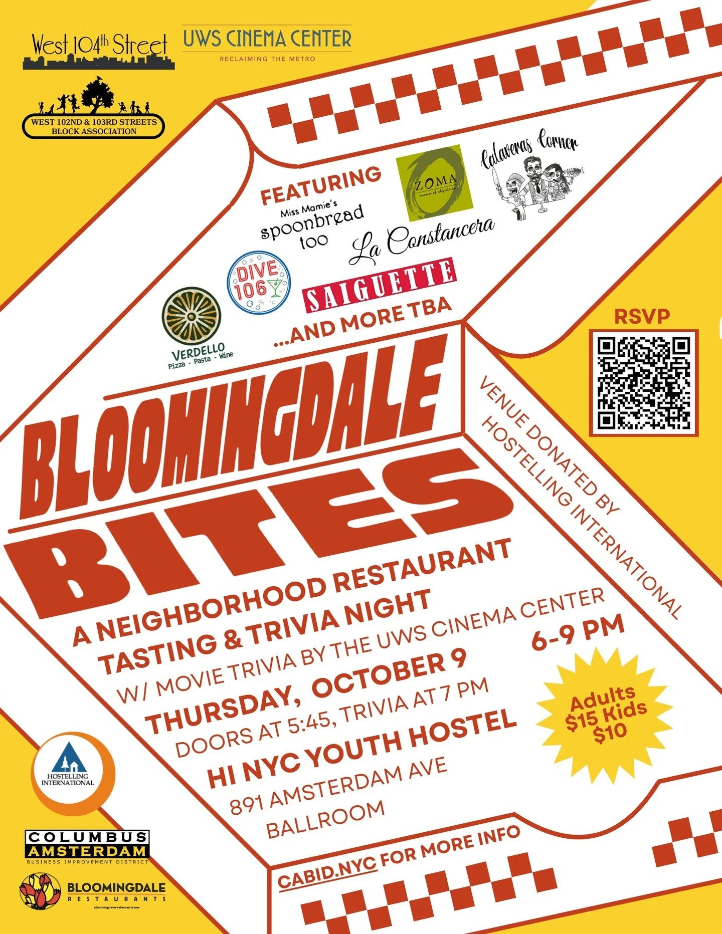 Bloomingdale Bites is back! Join us on October 9 from 6-9 PM for a food tasting featuring local restaurants within the Columbus Amsterdam BID. This event is a joint effort between the CABID, Hostelling International, the W 102/103 St Block Associatio