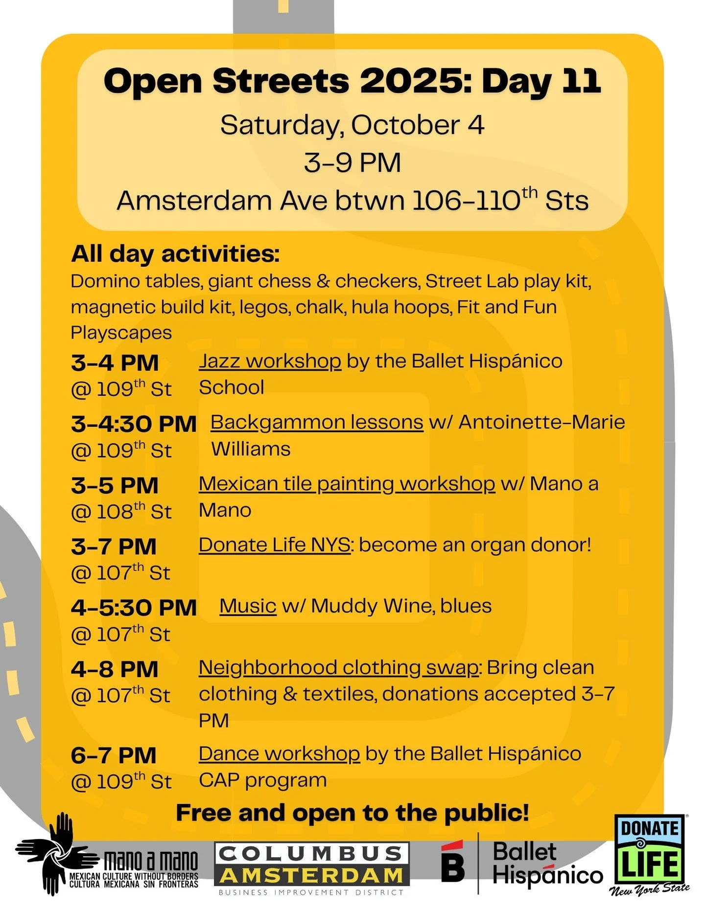 TOMORROW: Saturday, October 4, join us on Amsterdam Ave between 106th and 110th Sts from 3-9 PM for Open Streets! See you there!
-
-
-
#upperwestside&nbsp;#uws&nbsp;#openstreetsnyc&nbsp;#openstreets&nbsp;#nyc&nbsp;#cabidnyc&nbsp;#columbusamsterdambid