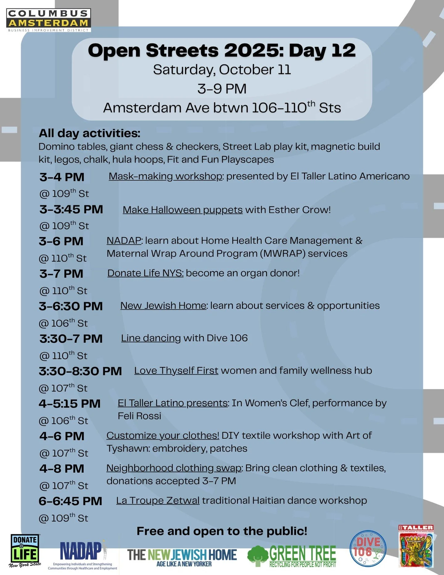 This Saturday, October 11, join us on Amsterdam Ave between 106th and 110th Sts from 3-9 PM for Open Streets! See you there!
-
-
-
#upperwestside&nbsp;#uws&nbsp;#openstreetsnyc&nbsp;#openstreets&nbsp;#nyc&nbsp;#cabidnyc&nbsp;#columbusamsterdambid&nbs