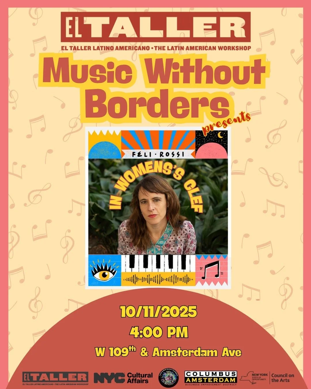 This Saturday! 🎶 Join us for Music Without Borders featuring Feli Rossi in Women&rsquo;s Clef, 4 PM at 109th St and Amsterdam Ave.
-
-
-
#upperwestside&nbsp;#uws&nbsp;#openstreetsnyc&nbsp;#openstreets&nbsp;#nyc&nbsp;#cabidnyc&nbsp;#columbusamsterdam