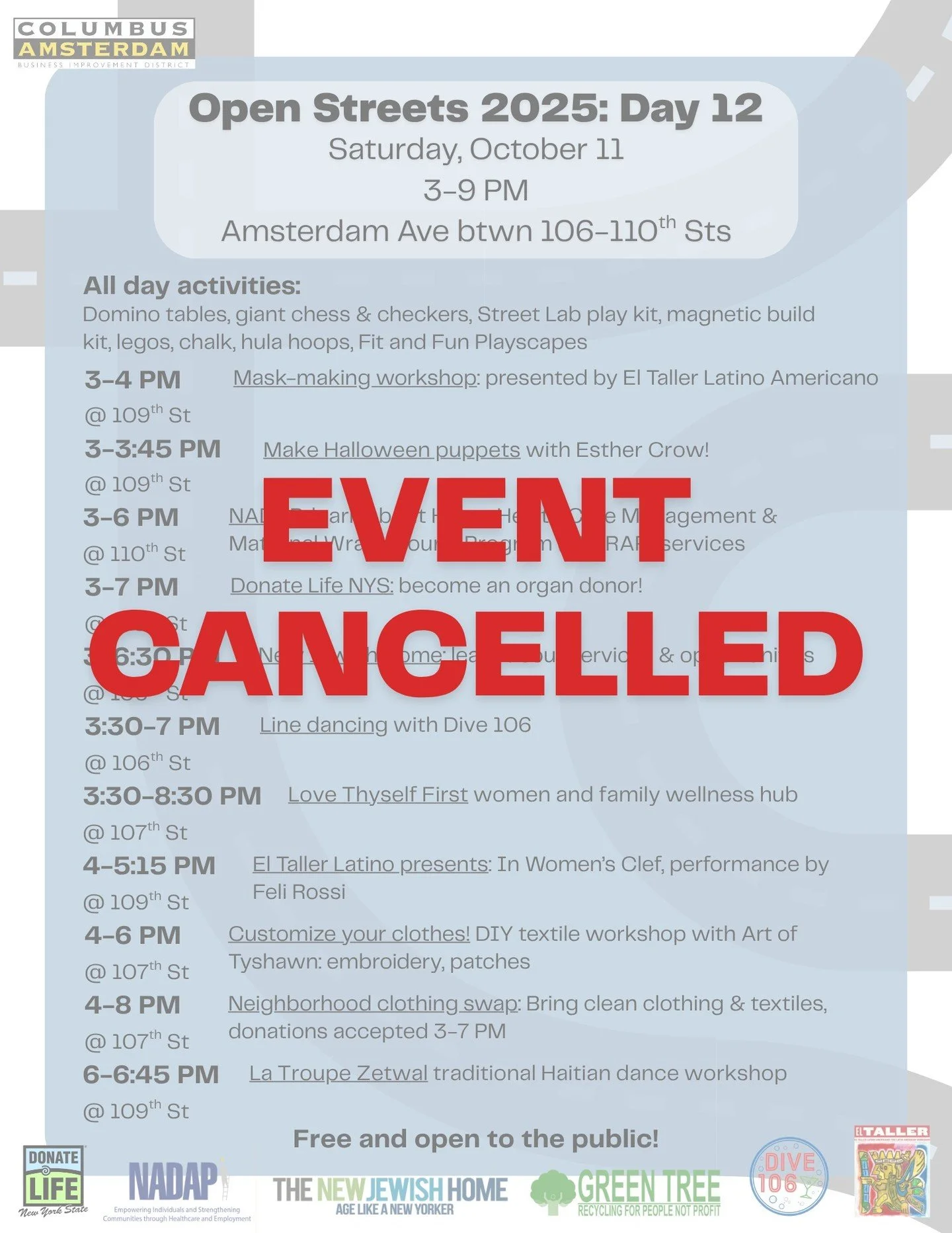 Hello all, in preparation for this weekend's nor'easter we will be cancelling our Open Streets activities for the day. Stay safe and we'll see you next week!