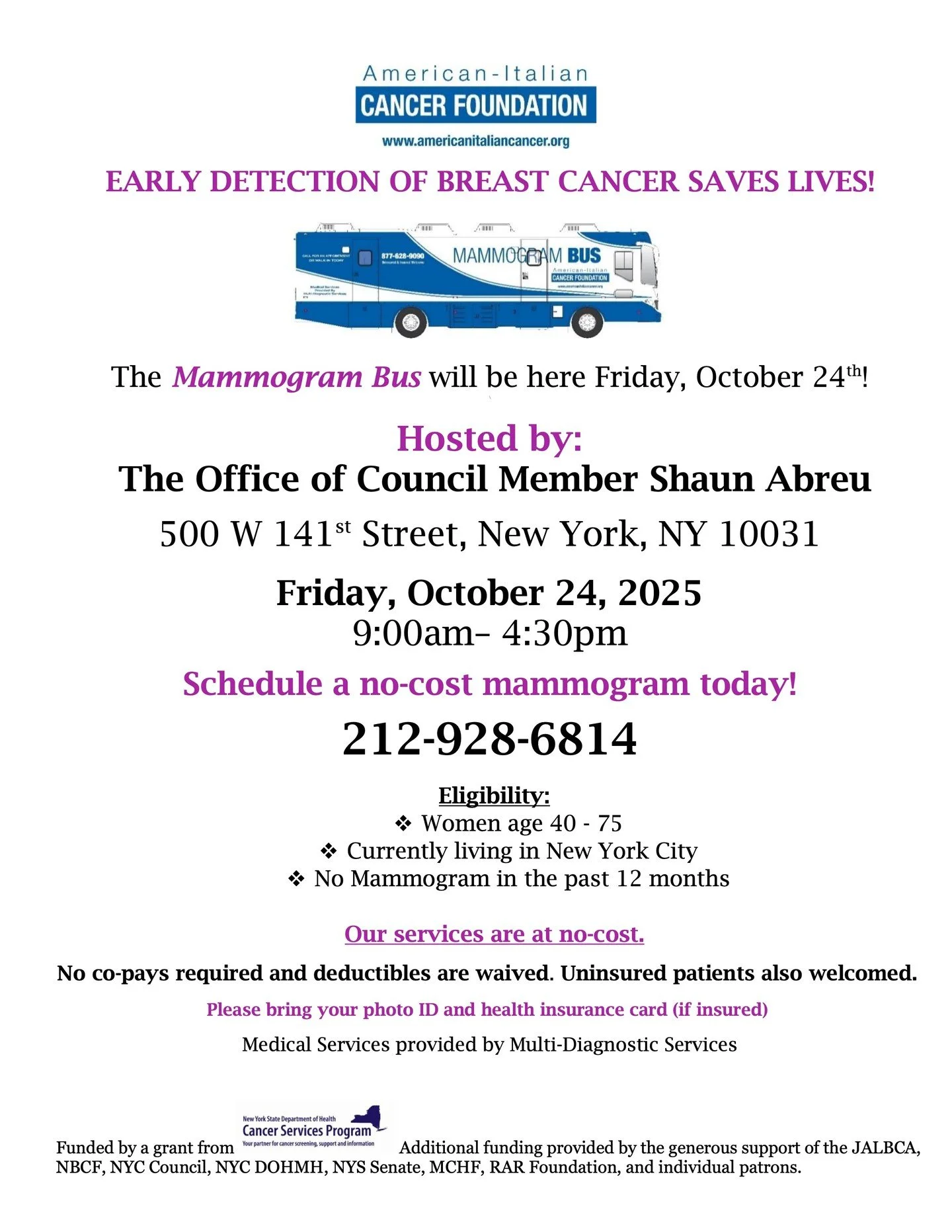 The office of @cmshaunabreu will be hosting free mammogram screenings at their district office this Friday, October 24 from 9:30 AM to 4 PM. Schedule your screening today by calling 212-928-6814!
-
-
-
#upperwestside #uws #nyc #cabidnyc #columbusamst