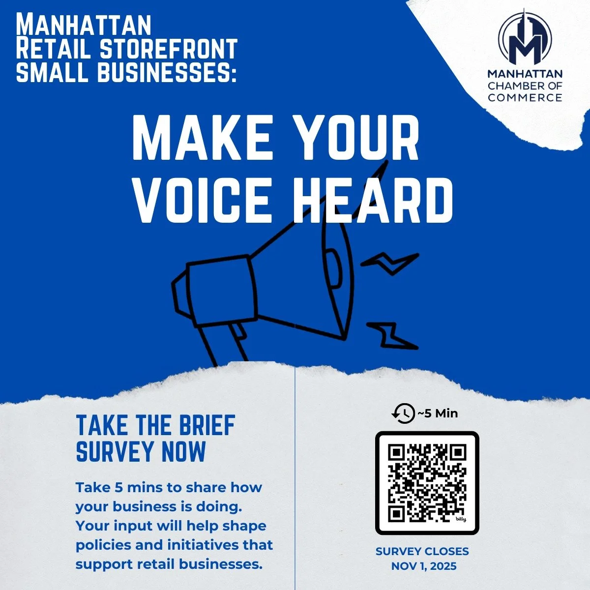 Own or manage a small business storefront in Manhattan? Take 5 mins to share how your business is doing with the Manhattan Chamber of Commerce. Your input will help shape smarter policies and initiatives that actually support local businesses. Click 
