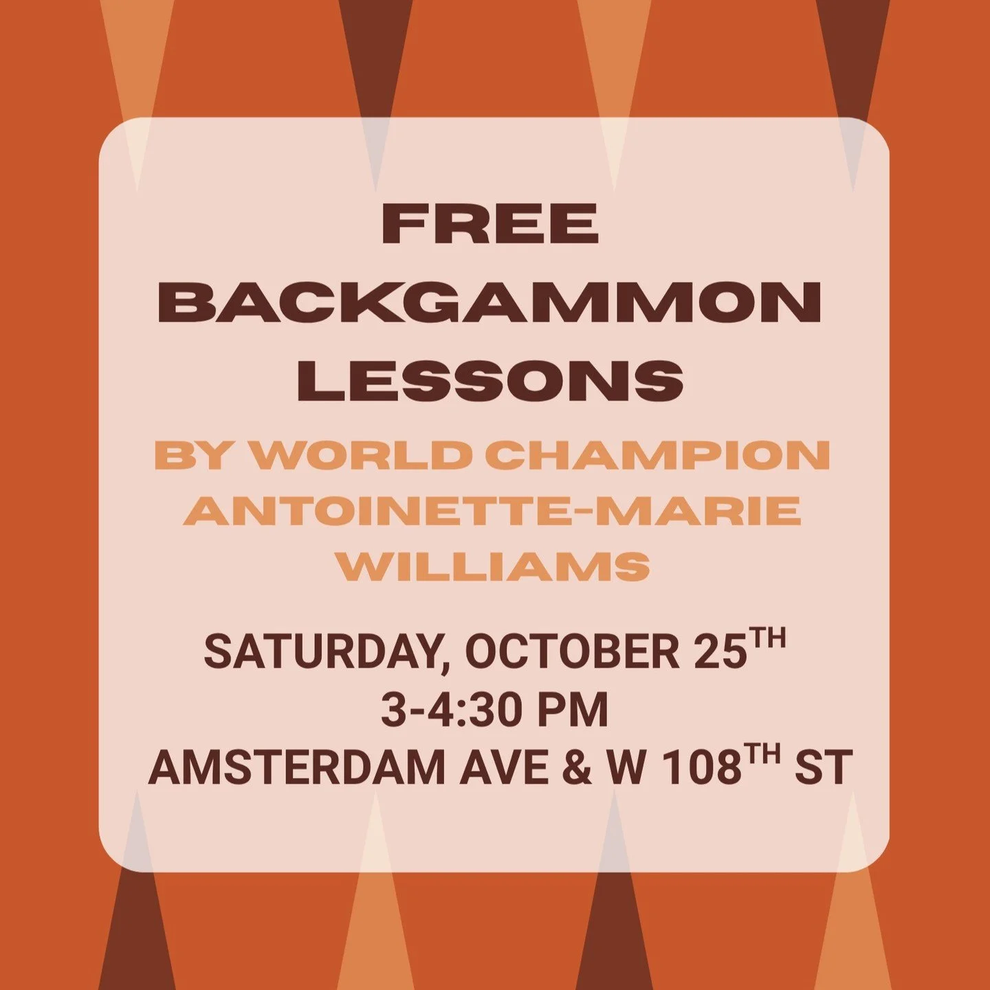 Backgammon world champion Antoinette-Marie Williams is giving free backgammon lessons on Open Streets this Saturday, October 25 from 3-4:30 PM!
-
-
-
#upperwestside&nbsp;#uws&nbsp;#openstreetsnyc&nbsp;#openstreets&nbsp;#nyc&nbsp;#cabidnyc&nbsp;#colum