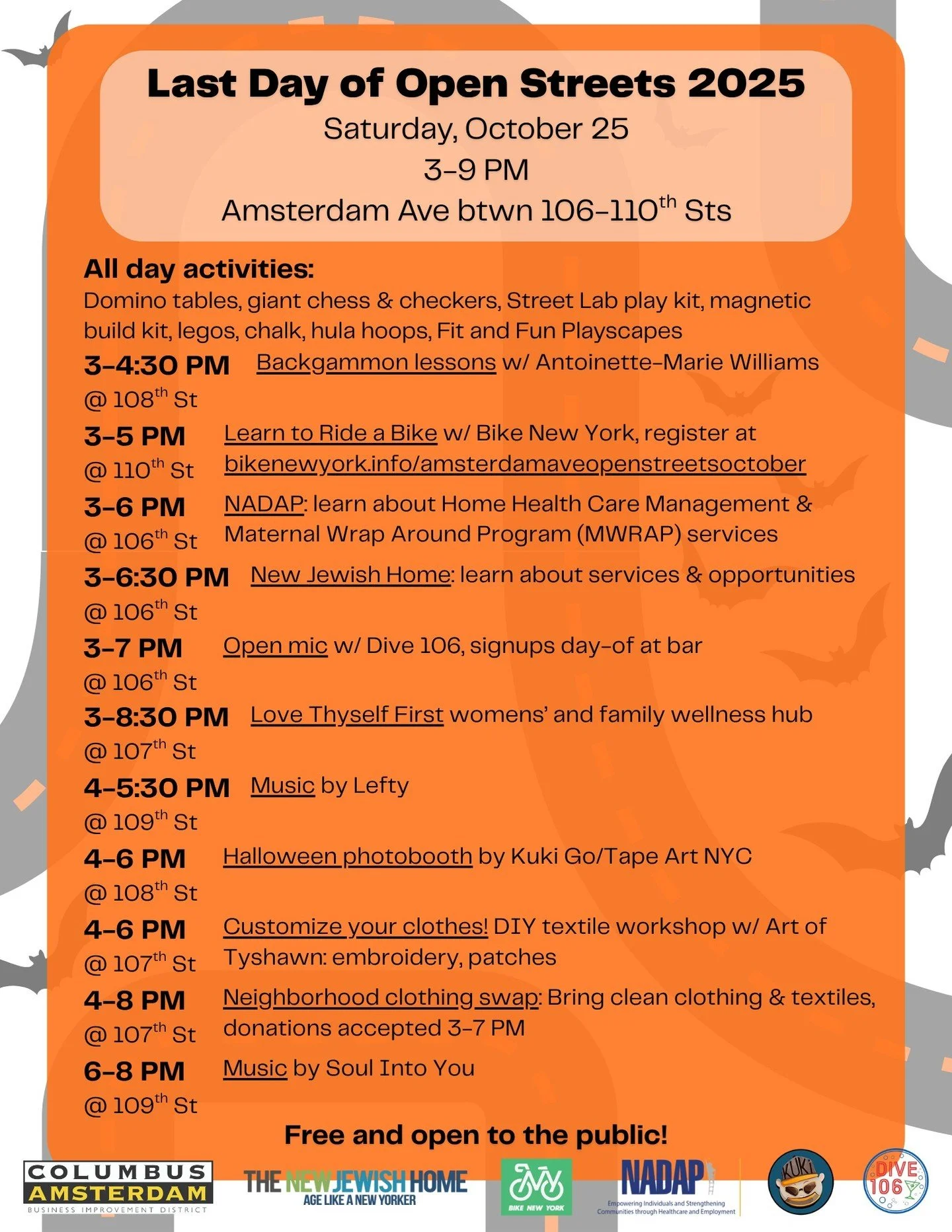 TOMORROW: Saturday, October 25 is our LAST DAY of Open Streets on Amsterdam Ave! Come celebrate a great season and get in the spooky spirit with us, hope to see you there 👻
-
-
-
#upperwestside&nbsp;#uws&nbsp;#openstreetsnyc&nbsp;#openstreets&nbsp;#