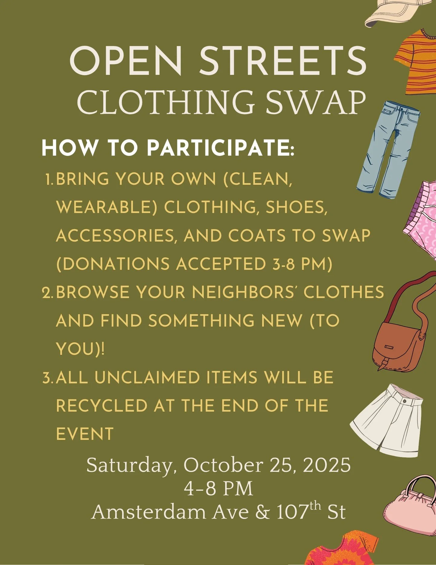Our last clothing swap of the year is happening tomorrow from 4-8 PM at 107th St and Amsterdam Ave. Donations will be accepted from 3-7, please bring clean and useable textiles only. 
-
-
-
#upperwestside&nbsp;#uws&nbsp;#openstreetsnyc&nbsp;#openstre