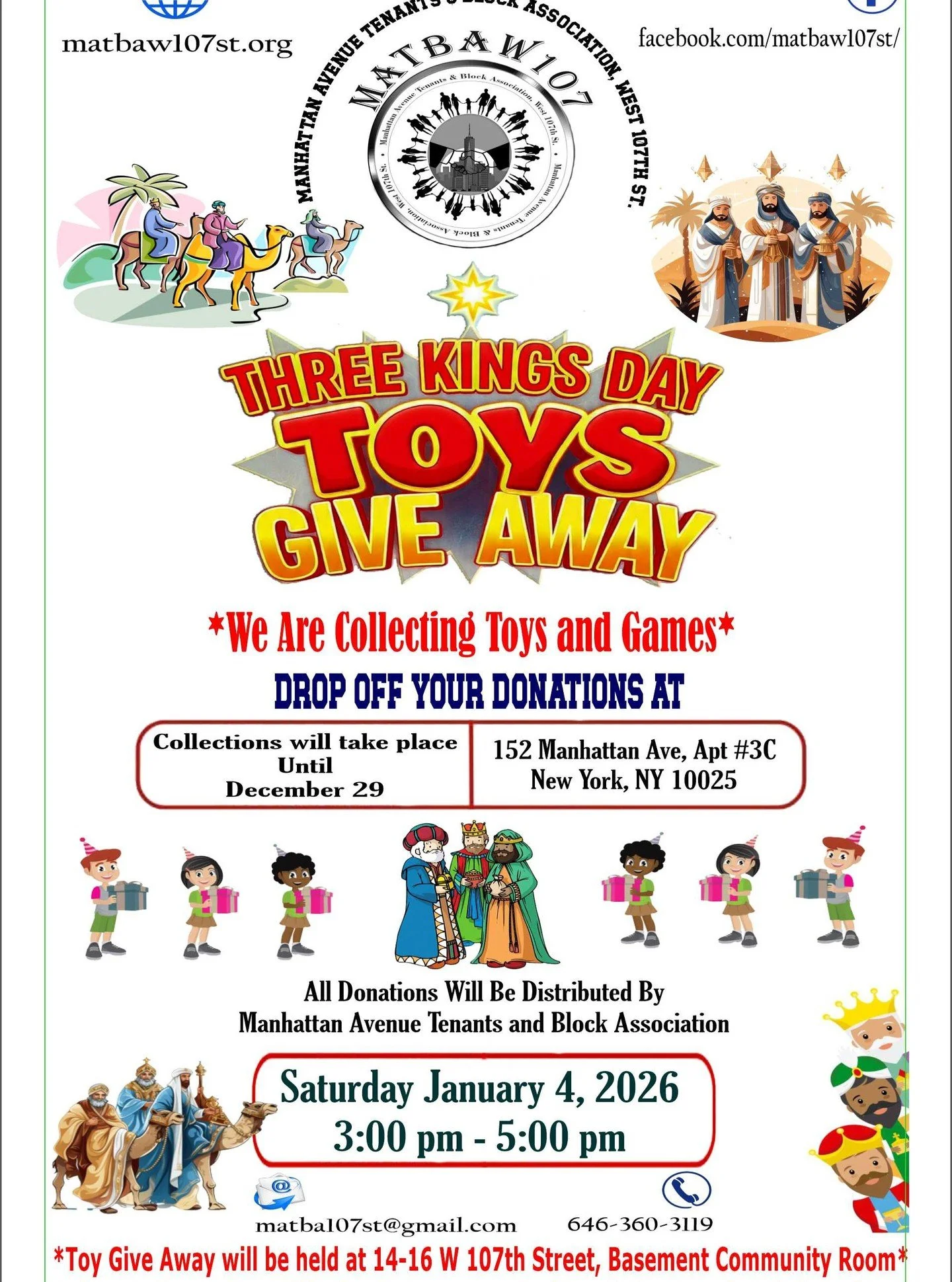 The Manhattan Ave Tenants &amp; Block Association, W 107th St is excited to invite you to be a part of their upcoming community event, a children's toy give-away, aimed at bringing joy to local kids! They are collecting new toys, and games to distrib