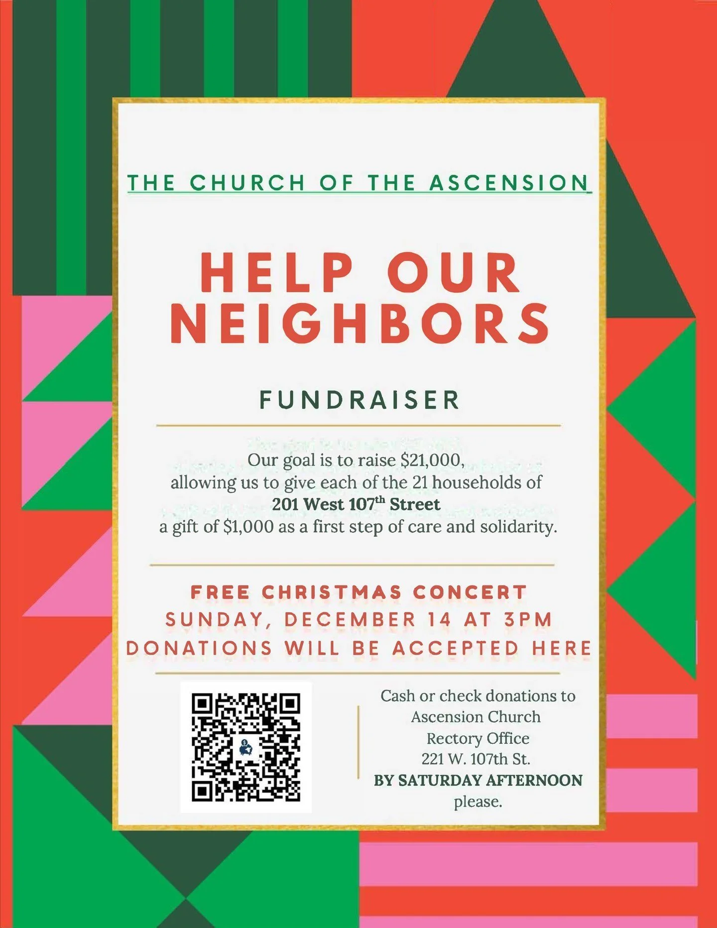 The Church of the Ascension is currently accepting monetary donations for the tenants affected by this week's fire at 201 W 107th St. Their goal is to raise $21,000, which will allow for a donation of $1,000 to each impacted household. They will also