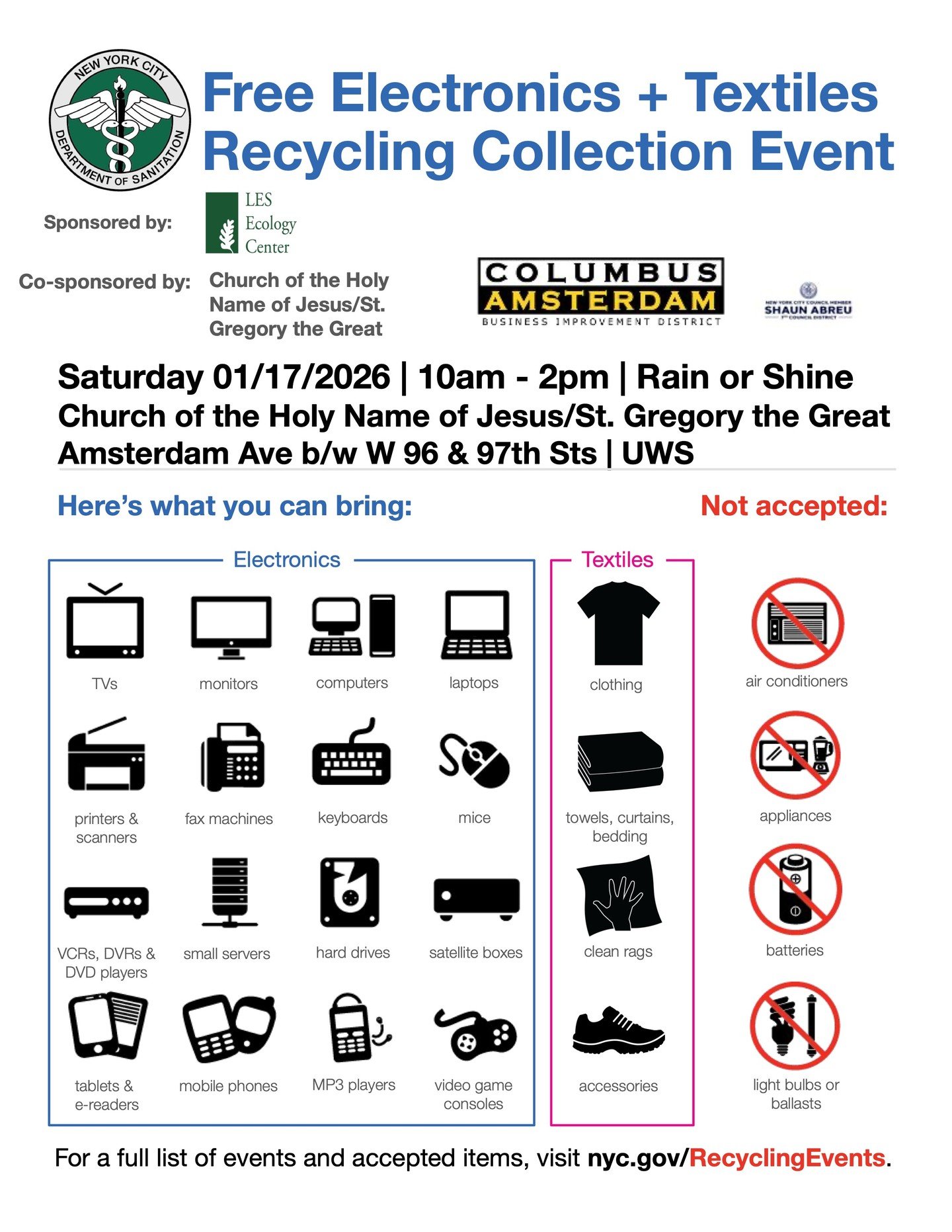 Mark your calendars! The LES Ecology Center is hosting an e-waste/textile recycling event on January 17 from 10 AM to 2 PM at Church of the Holy Name of Jesus/St. Gregory the Great. This is a great chance to clear things out for the new year, hope to