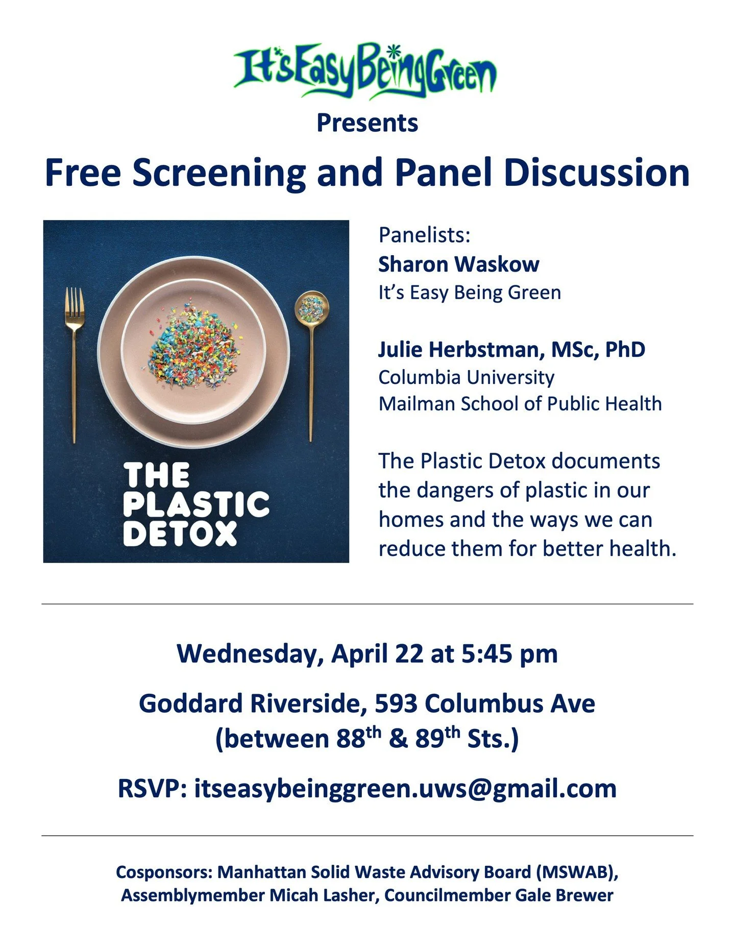 @itseasybeinggreenuws and @manhattan_swab are hosting a free screening and discussion of The Plastic Detox on Wednesday, April 22 @ 5:45 PM at Goddard Riverside (593 Columbus Ave). Make sure to RSVP ahead of time by emailing itseasybeinggreen.uws@gma