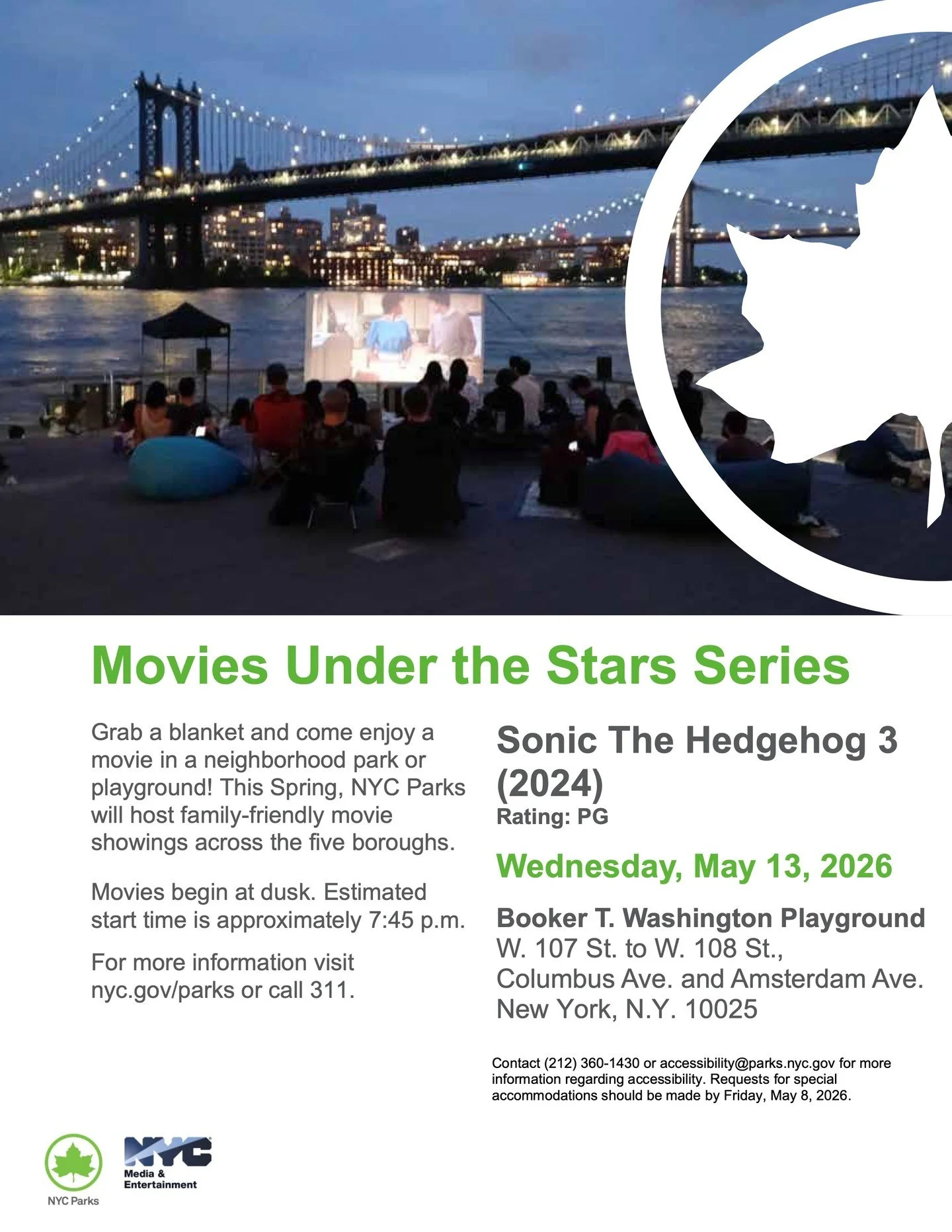 Grab a blanket and come enjoy a movie with your neighbors! NYC Parks is hosting free screenings of Sonic the Hedgehog 3 on May 13 at the Booker T. Washington playground and May 14 at the Happy Warrior playground. Both screenings will start around 7:4